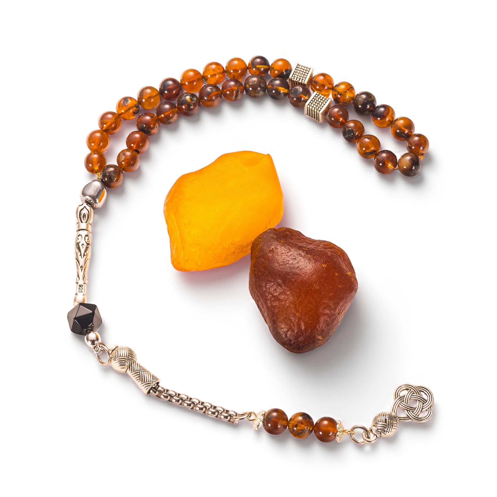 Natural Baltic Amber Tasbih 33 Beads – Round Misbaha with Silver-Tone Chain Tassel & Black Faceted Accent, Gift Box – Ramadan/Eid, Hajj & Umrah Gift for Men: Father, Husband, Boyfriend, Brother