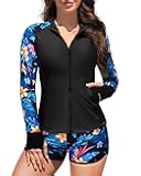 Women's Long Sleeve Rash Guard - 2 Piece Zip Front Swimsuit with Zipper Pockets Swim Shirt and Shorts 2025