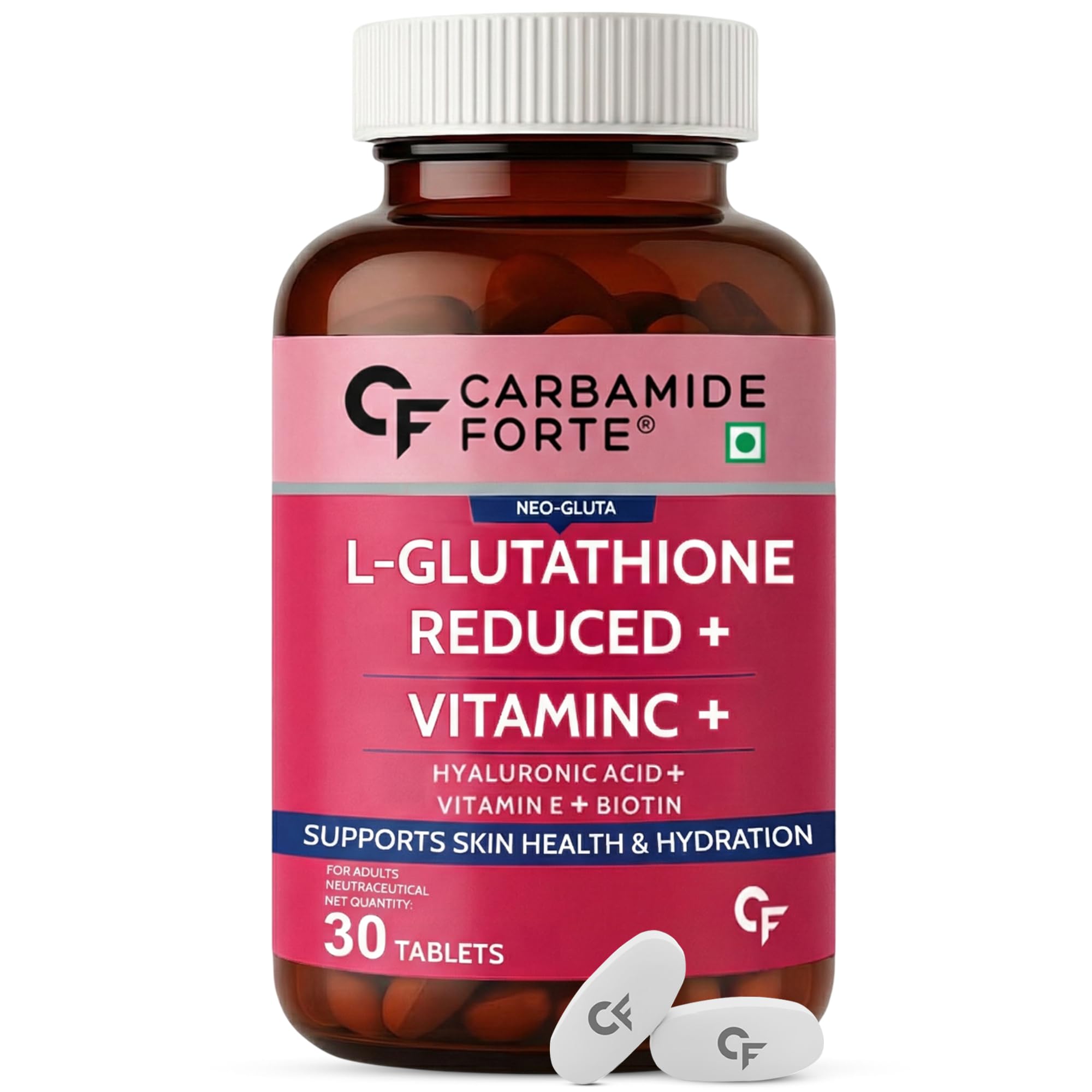 Japanese Reduced L Glutathione Tablets 500mg with Vitamin C | Glutathione Supplement with Hyaluronic Acid, Vitamin E, C, Lycopene & Biotin – 30 Veg Tablets