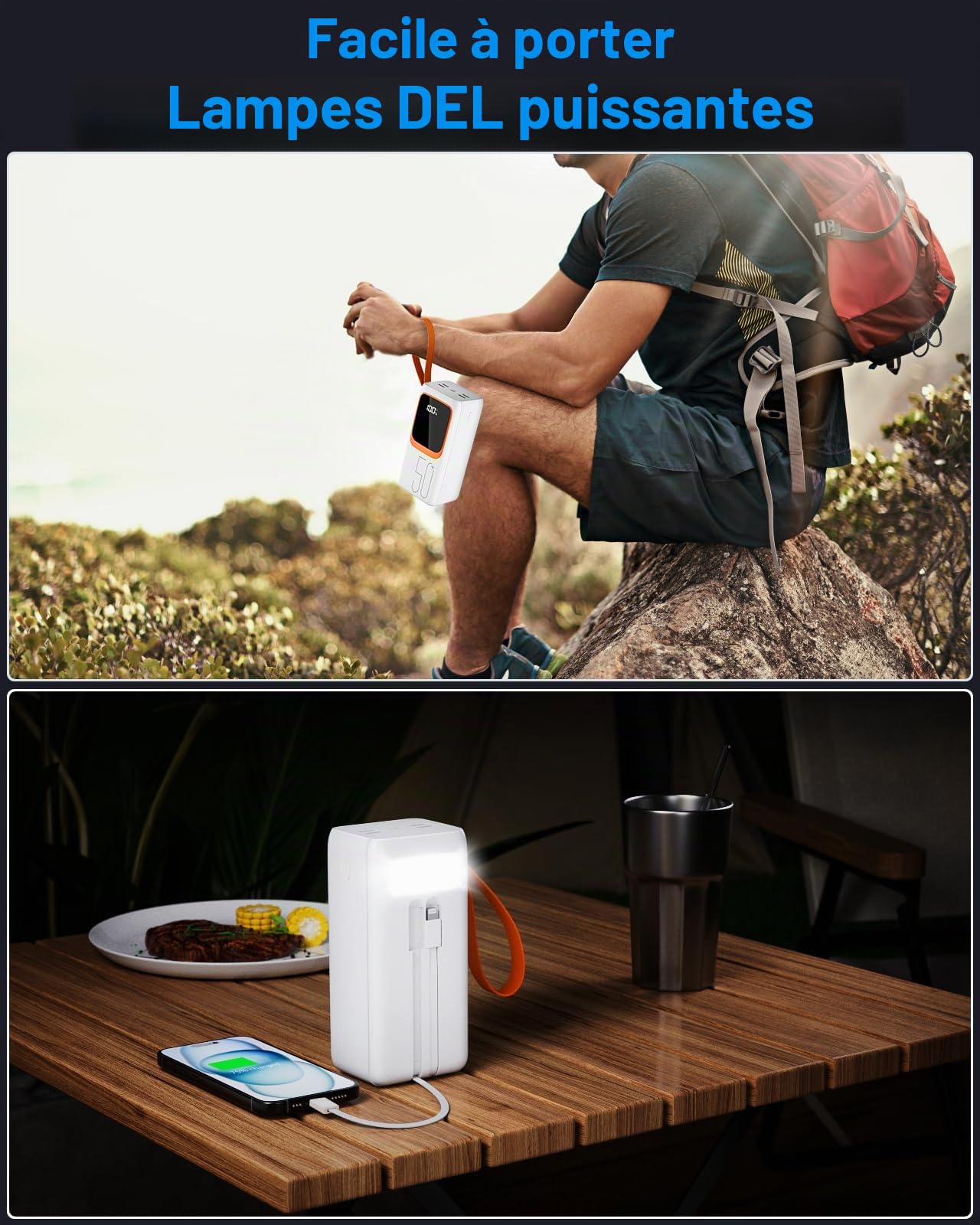 Batterie externe 50 000 mAh avec câble intégré : batterie externe à charge rapide de 22,5 W de grande capacité, chargeur portable avec lampe de poche LED et 7 sorties et 3 entrées