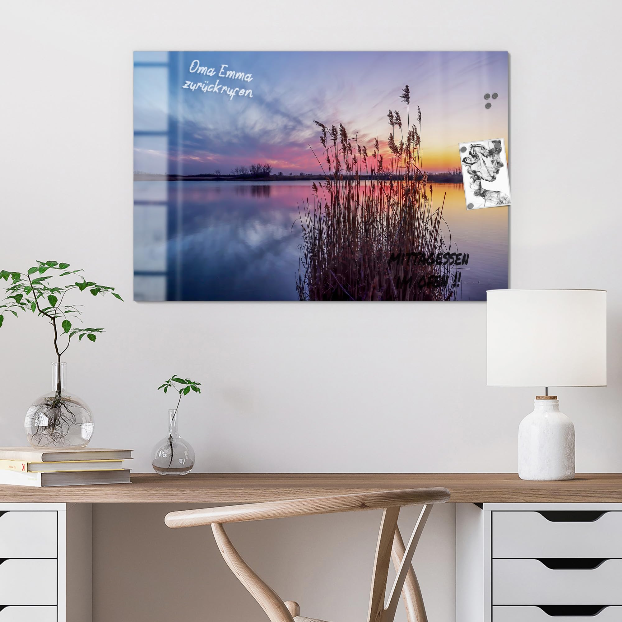 DEQORI Szklana tablica magnetyczna, wymiary 90 x 60 cm, motyw "Abendstille am See" | tablica do notatek ze szkła | tablica magnetyczna z magnesami, długopisem i ściereczką do kuchni i biura | tablica