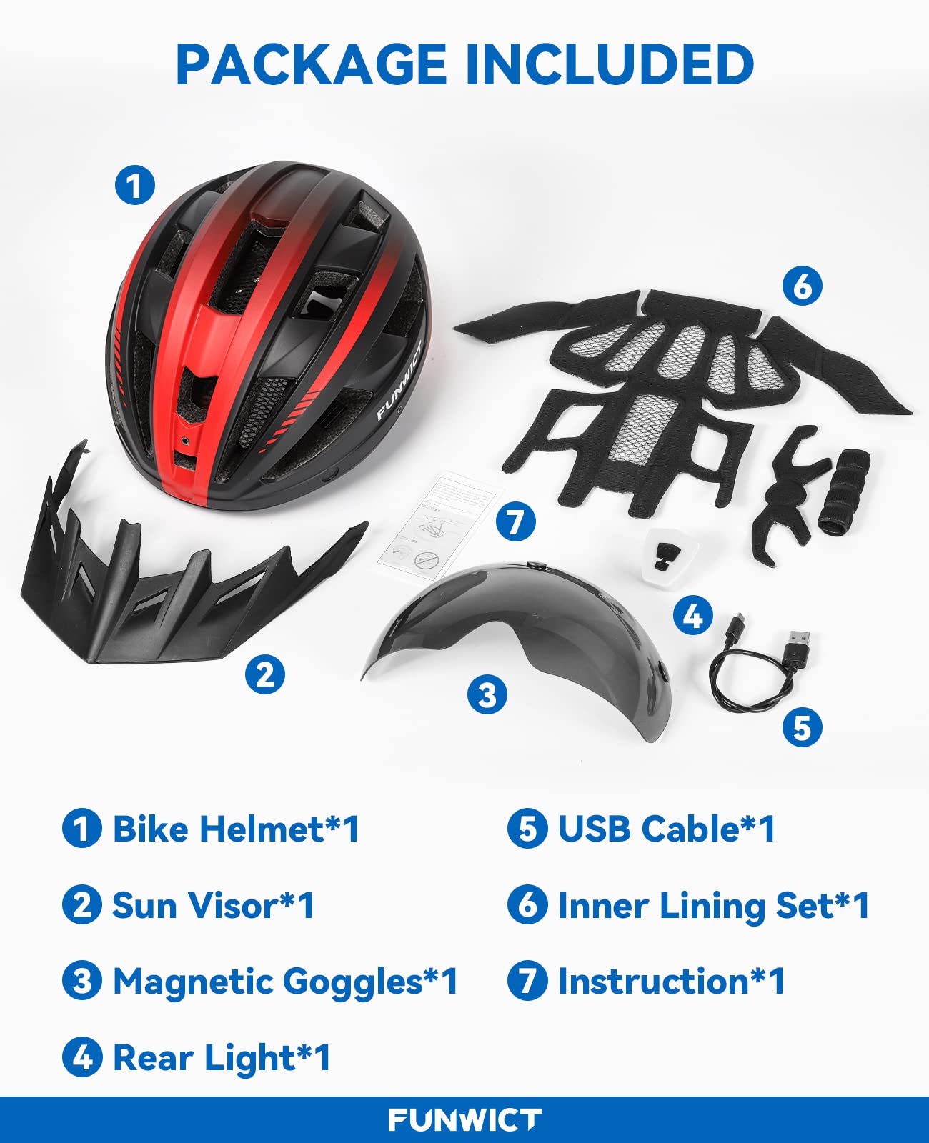 Casque Velo Homme Femme avec Visiere et Lunettes, Casque Vélo Casques VTT avec Feu Arrière à LED Rechargeable, Casque Cyclisme pour Adulte et Adolescent (L: 57-61 cm, Noir et Rouge)