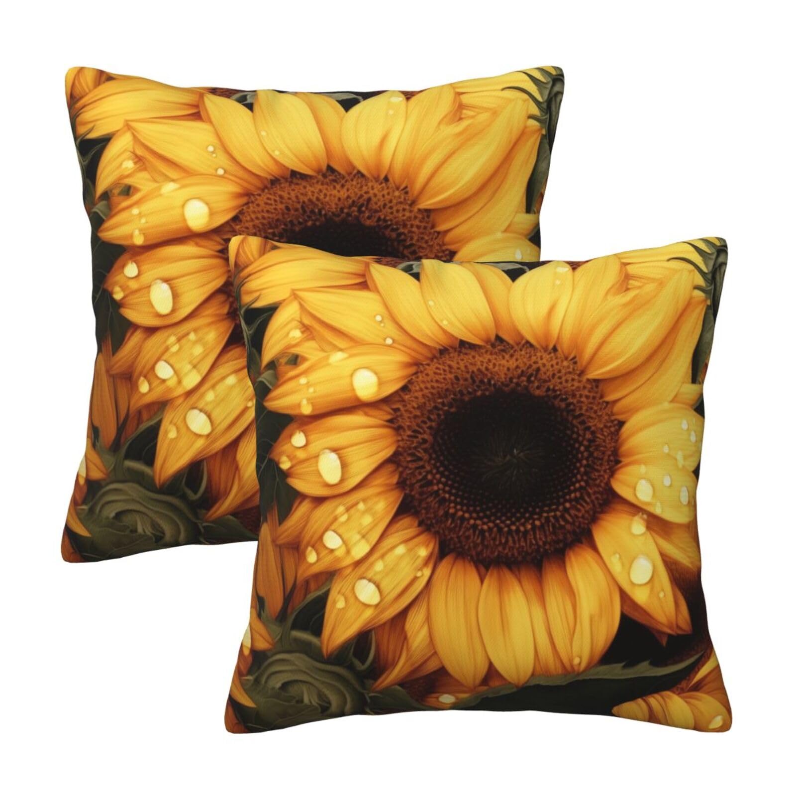 Yellow Sunflower Floral Throw Pillow Cases 2 Pack Square Pillowcases Soft Pillow Protectors for Couch Livingroom Sofa Bed Office Car,45x45 CM