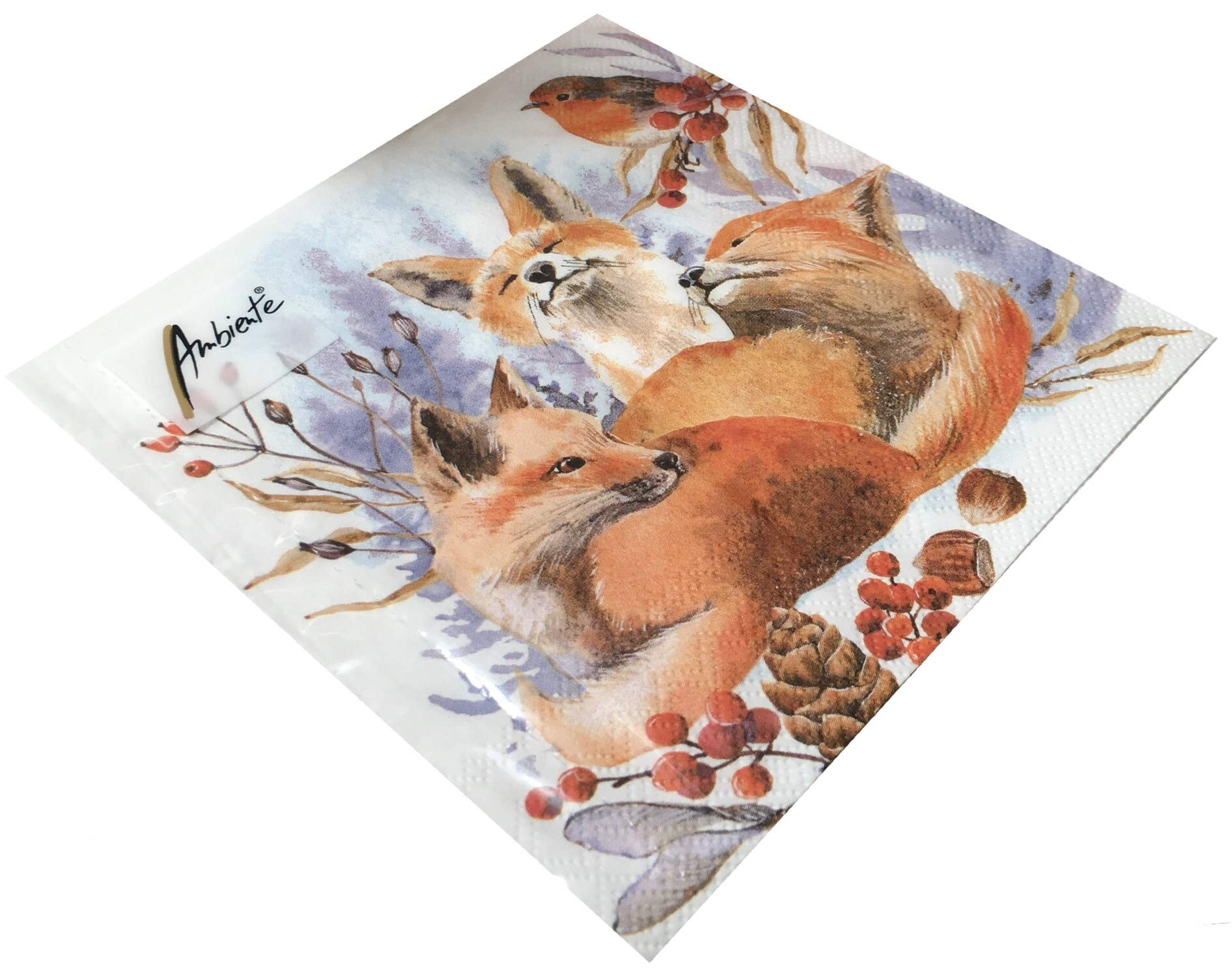 Paper Napkins Christmas Foxes and Robin Lunch Party Festival Approx. 33 x 33 cm Autumn Winter Christmas, Colourful, Mittel