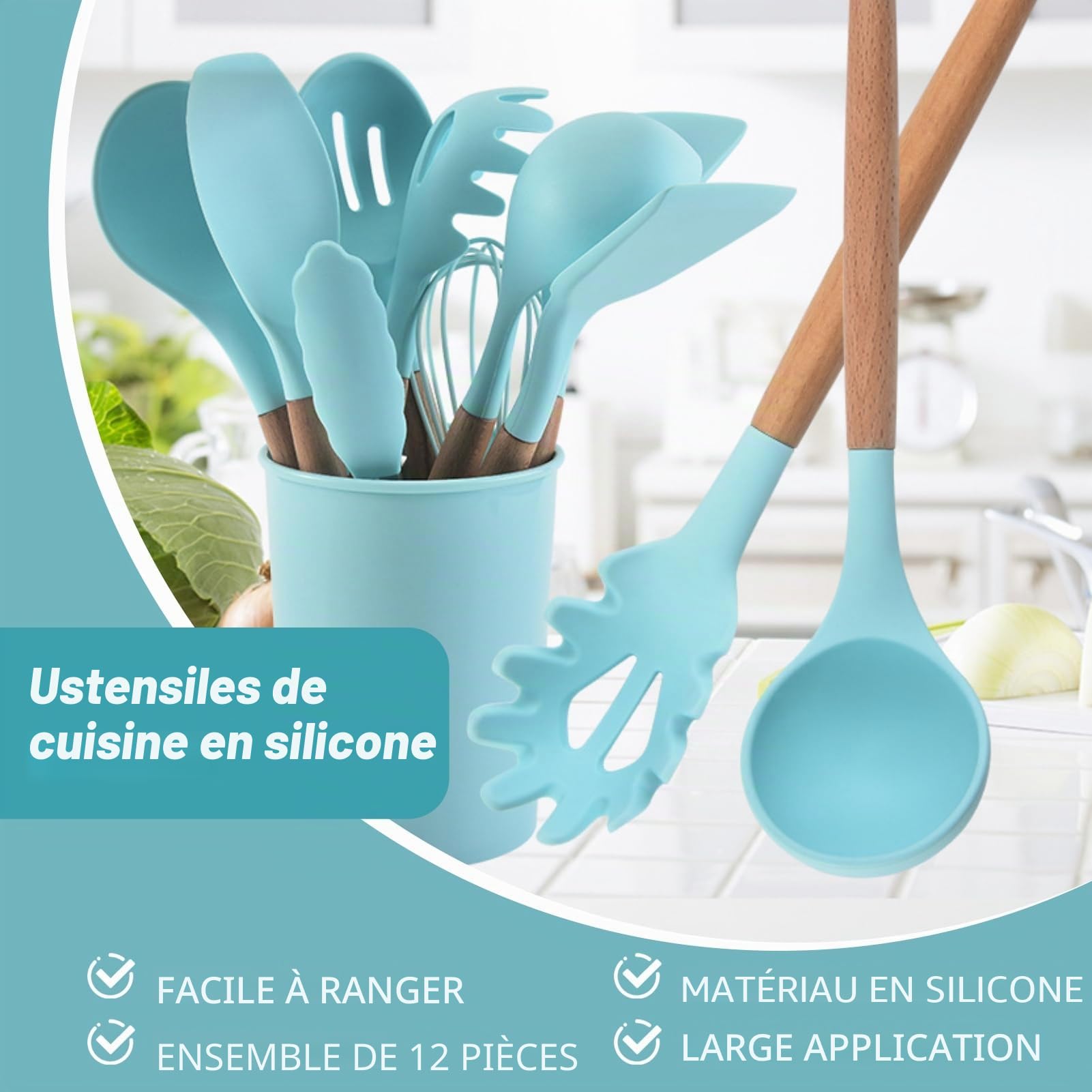 Ensemble d'ustensiles de cuisine 12pcs, ensemble d'ustensiles de cuisine en silicone bleu clair ustensile de cuisine antiadhésif avec manche en bois ustensiles de cuisine en silicone