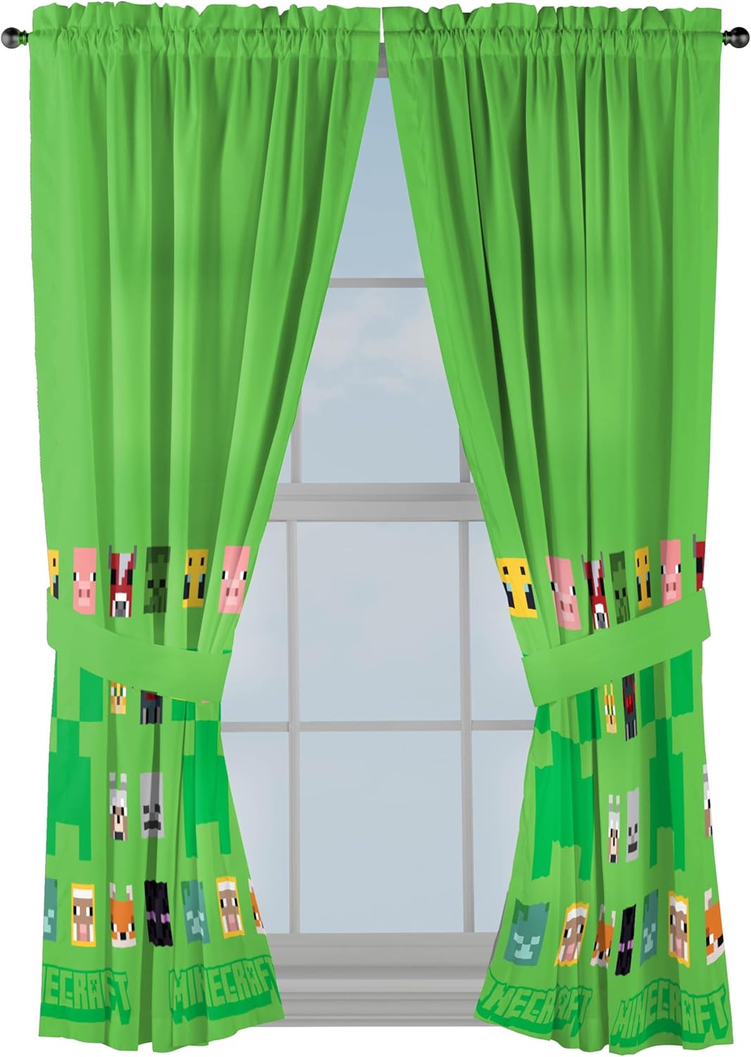 Sunny Side Up Window Curtains for Kids Bedroom 4-Piece Drape Set with 2 Tiebacks, Green - Minecraft, 42" W x 63" L (Pack of 2) Green - Minecraft 42"W x 63"L (Pack of 2)