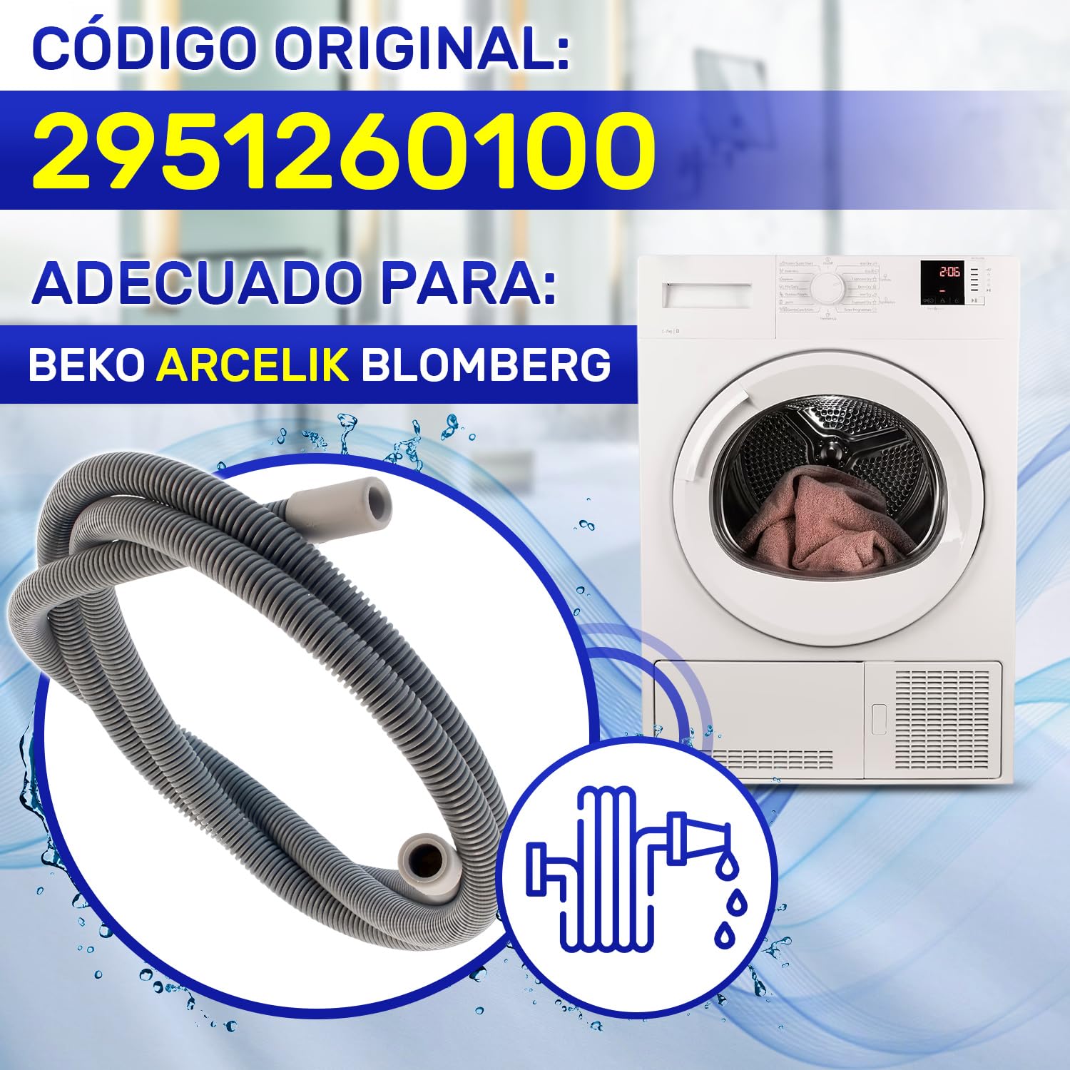 Tubo Desagüe Secadora Beko 1,6 m Original 2951260100 - MONTERAL
