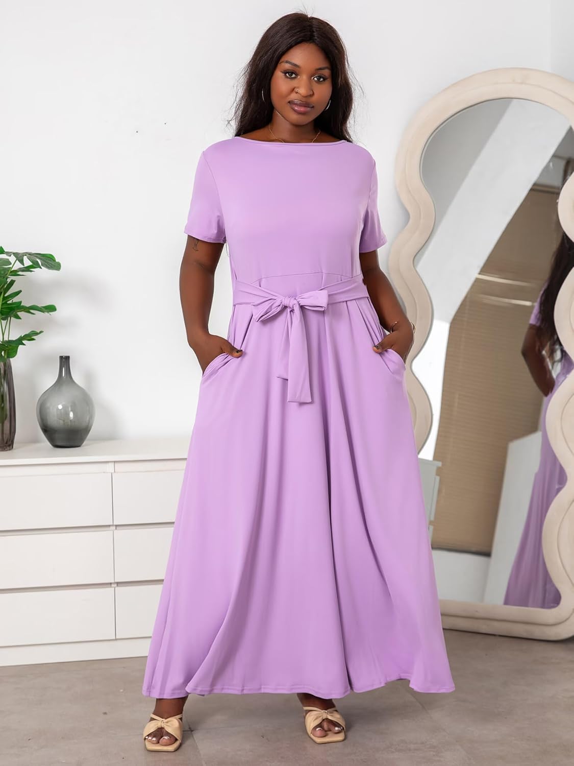 Plus Size Dresses for Curvy Women Soft Comfy Stretchy Short Sleeve High Waist Self Tie Flowy Pleated Maxi Dress - Image 2