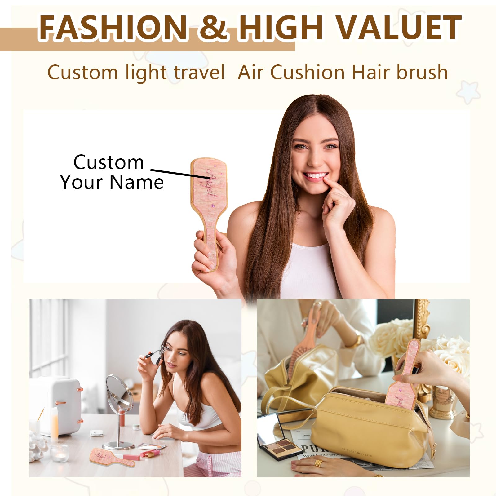 Cepillo de pelo personalizado con nombre de diamantes de imitación, cepillo de madera de bambú personalizado para mujeres, hombres y niños, para cabello fino y largo rizado, salud y masaje del cuero