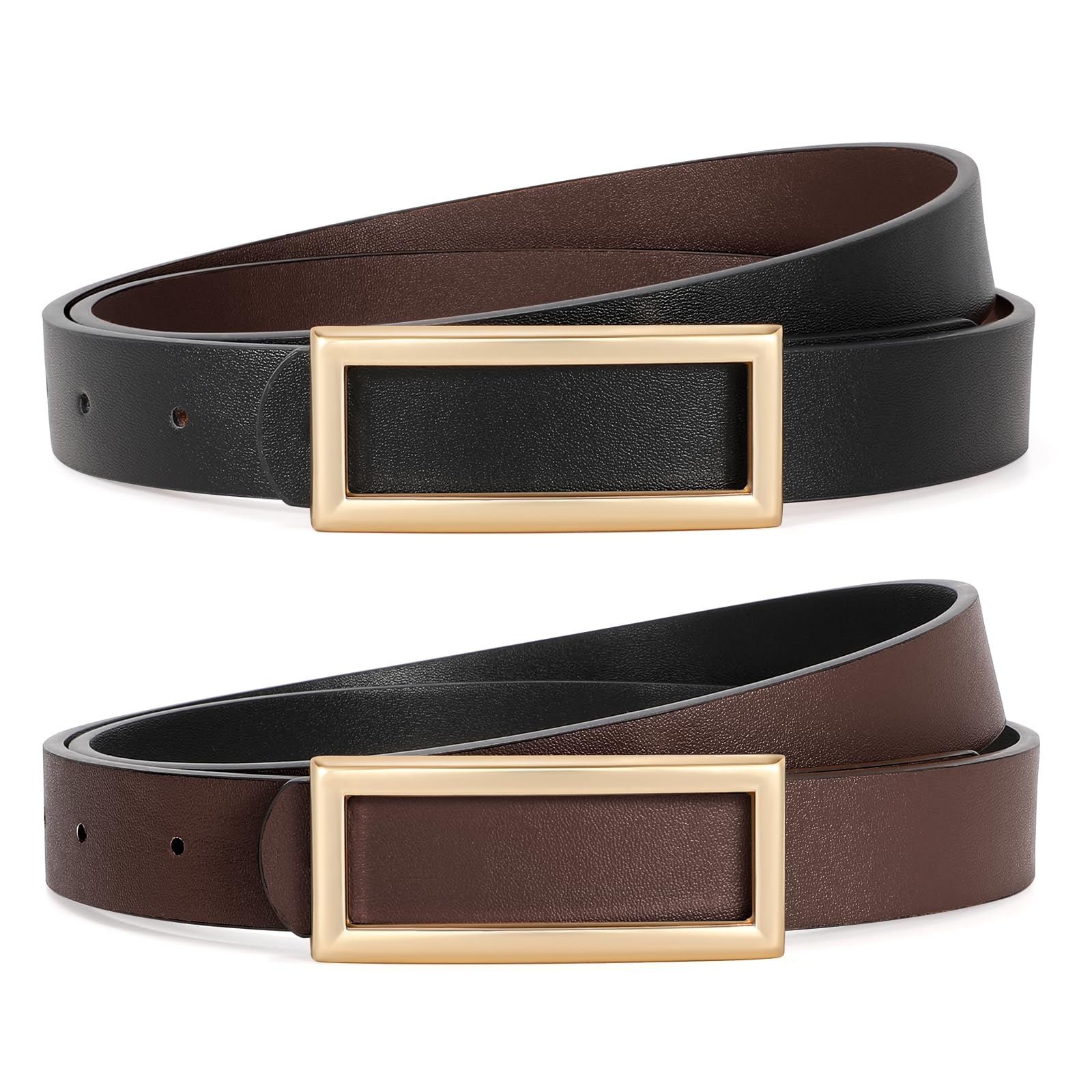 SUOSDEY Modischer Ledergürtel für Damen, Wendbarer Schmaler Gürtel für Jeans Hosen Kleid mit Quadratischer Goldener Schnalle