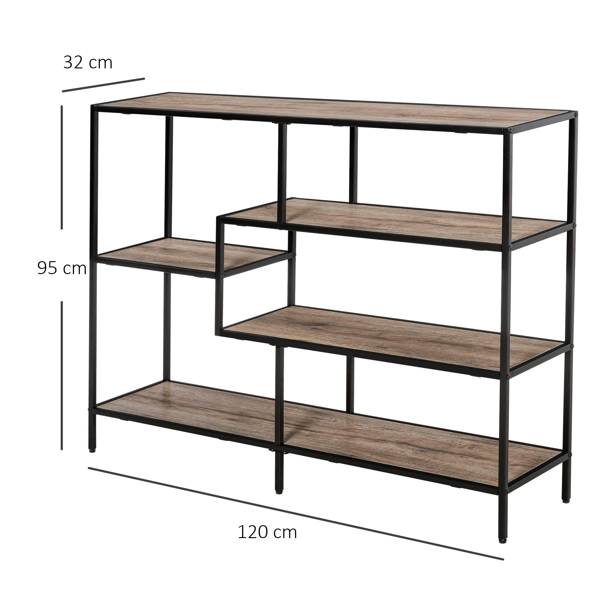 HOMCOM Estantería librería asimétrica estilo industrial 120 x 32 x 95 cm negro | Madera y Metal