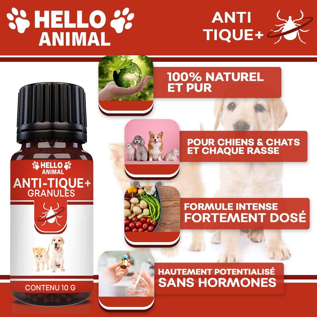 Nouveau : HelloAnimal® Anti-Tique granules – pour Chien et Chat Contre tiques avec Effet immédiat – Traitement Naturelle pour Votre Animal Domestique – Protection Efficace, 10g