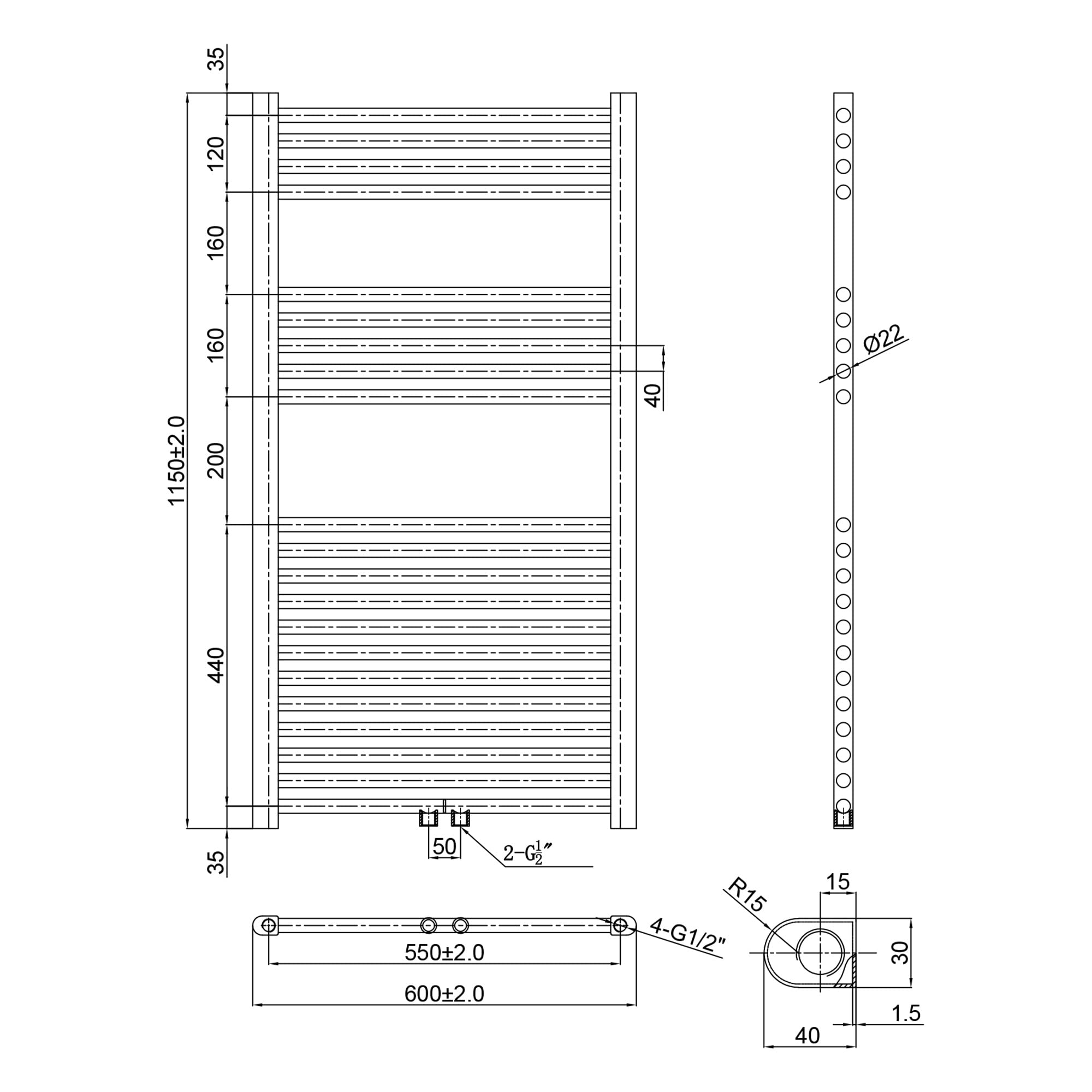 SONNI Grzejnik łazienkowy elektryczny z termostatem, 1150 x 600 mm, antracyt, suszarka na ręczniki, przyłącze środkowe, owalny, ogrzewacz do łazienki, ogrzewania, 600 W