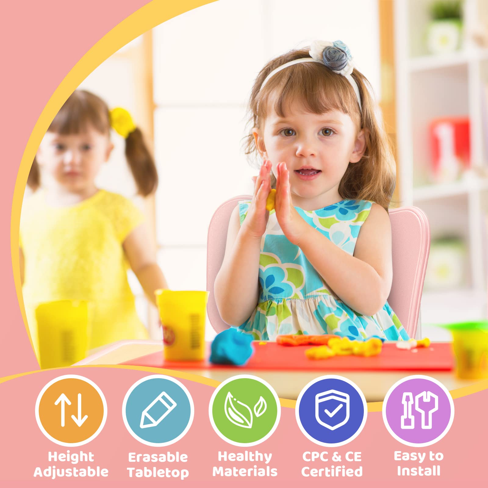 Juego de mesa y 4 sillas para niños, juego de mesa y sillas para niños de 3 a 8 años, fácil de limpiar, mesa de artes y manualidades, para aulas/guarderías/hogares, aprobado por CPC y CE (juego 2