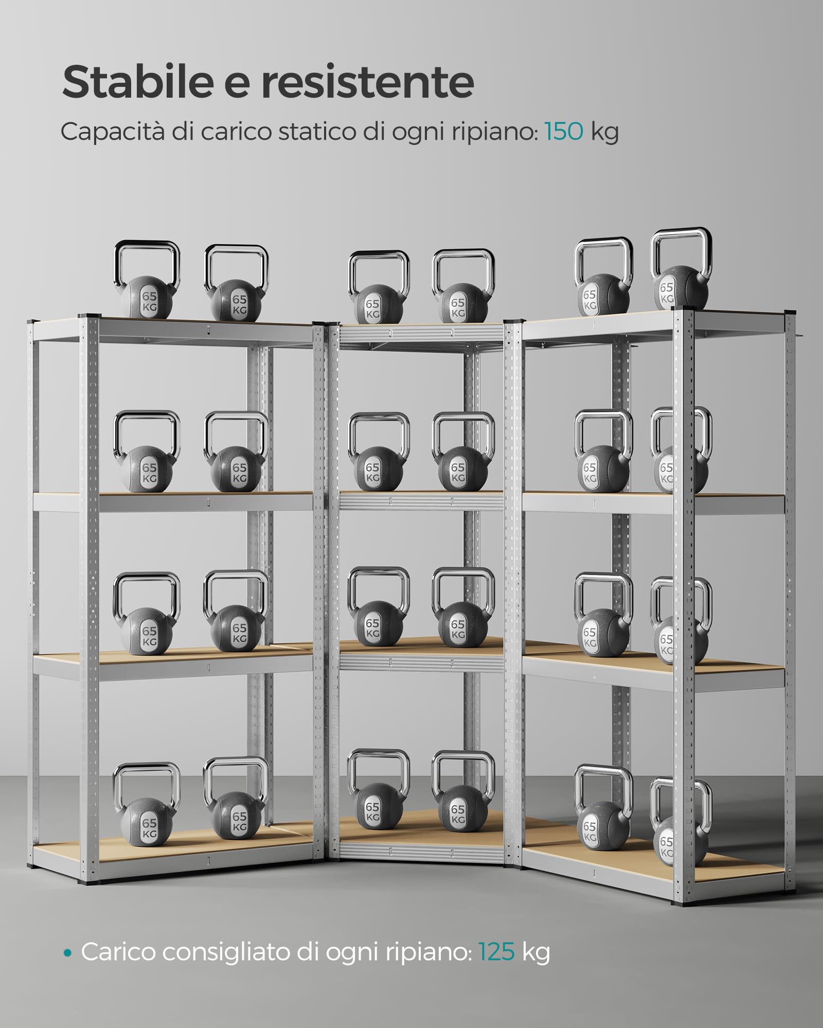 SONGMICS Set di Scaffale Angolare a 4 Ripiani, Scaffalatura ad Angolo in Acciaio per Carichi Pesanti, per Garage, Ripostiglio, Magazzino, Portante 1500 kg, Argento Pallido e Beige Naturale GLR056E03