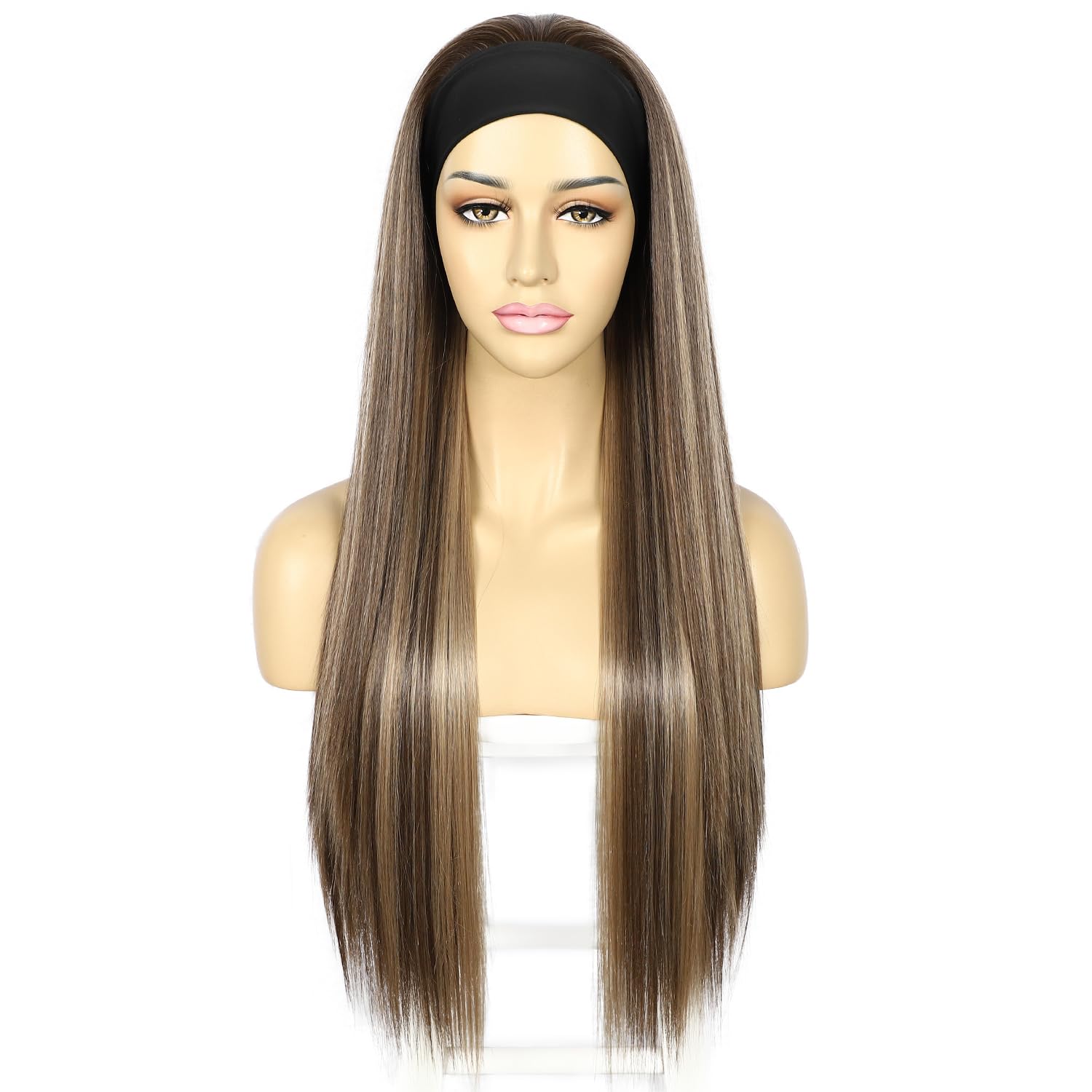 Sapphirewigs Straight Headband Wigs for Women Synthetic Mix Brown Glueless Light Yaki Headband Wig Heat Resistant 26 inch - Image 2