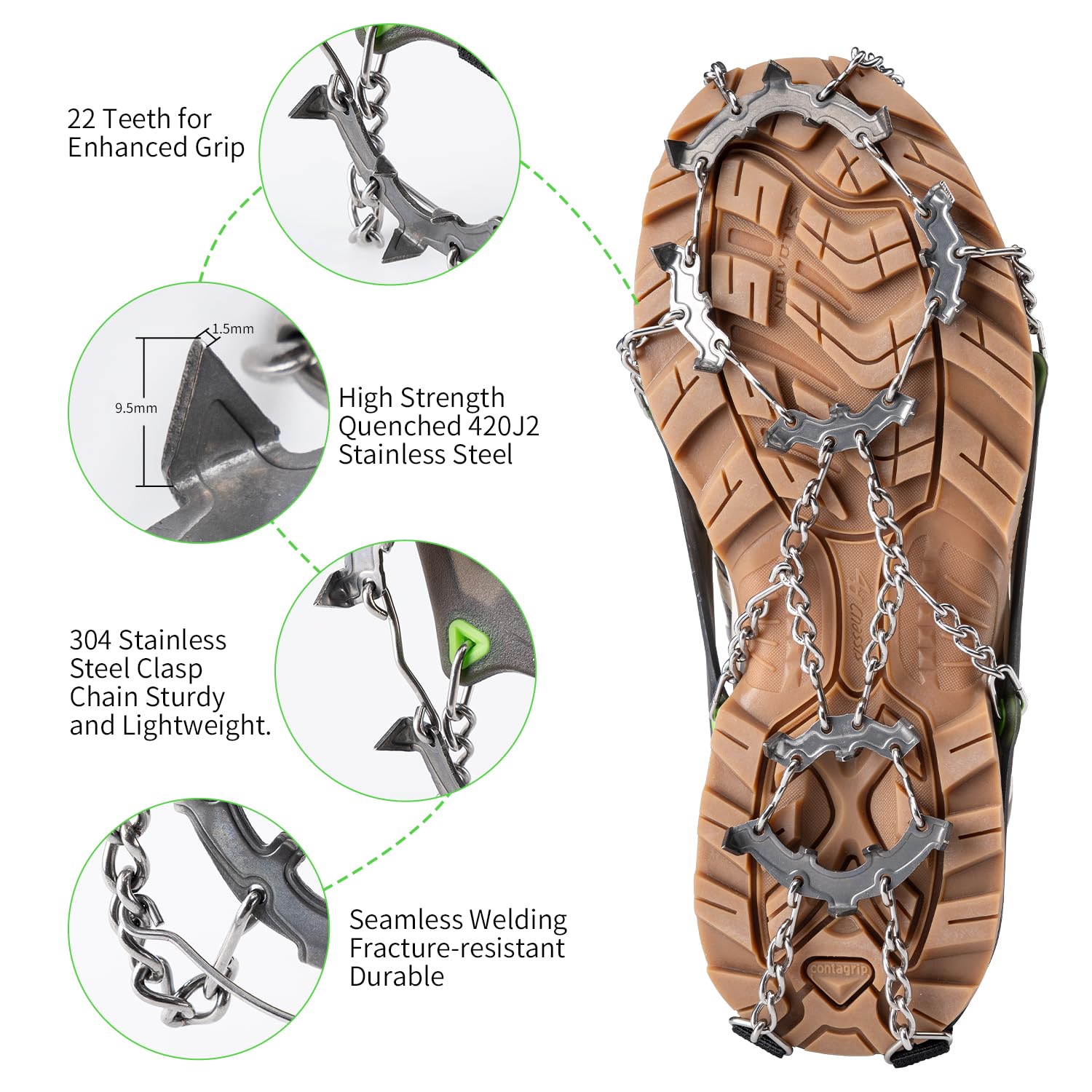 Ramponi da ghiaccio per scarpe e stivali, tacchetti da ghiaccio, trazione, impugnature da neve, unisex, 22 punte antiscivolo in acciaio inox, per escursionismo, arrampicata, passeggiate