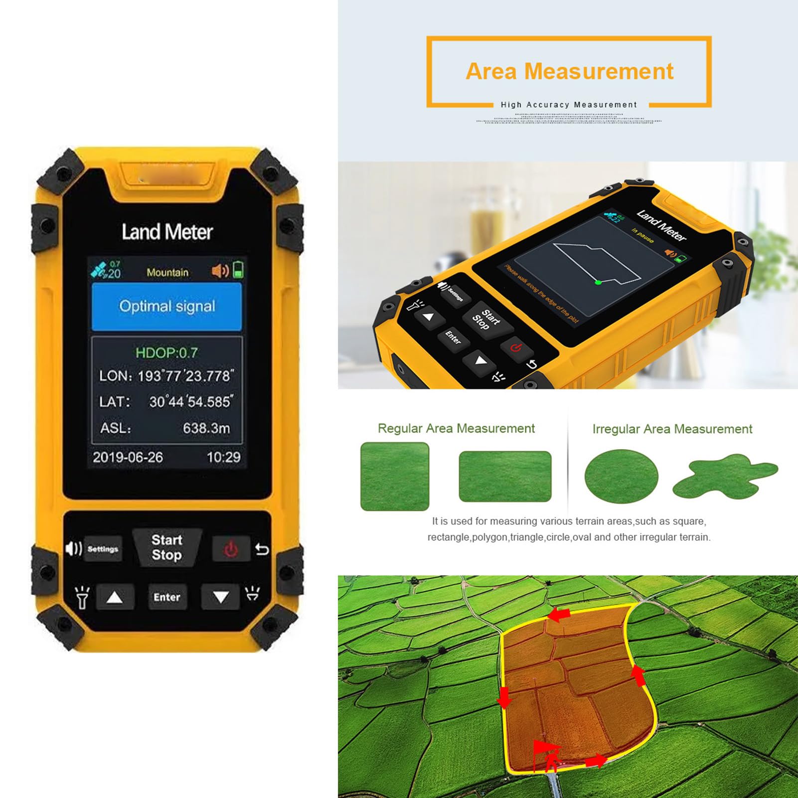 Handheld Land Area Meter, GPS Measurement with Voice Prompts, Color Display for Real time Trajectory Graphics and Data Export