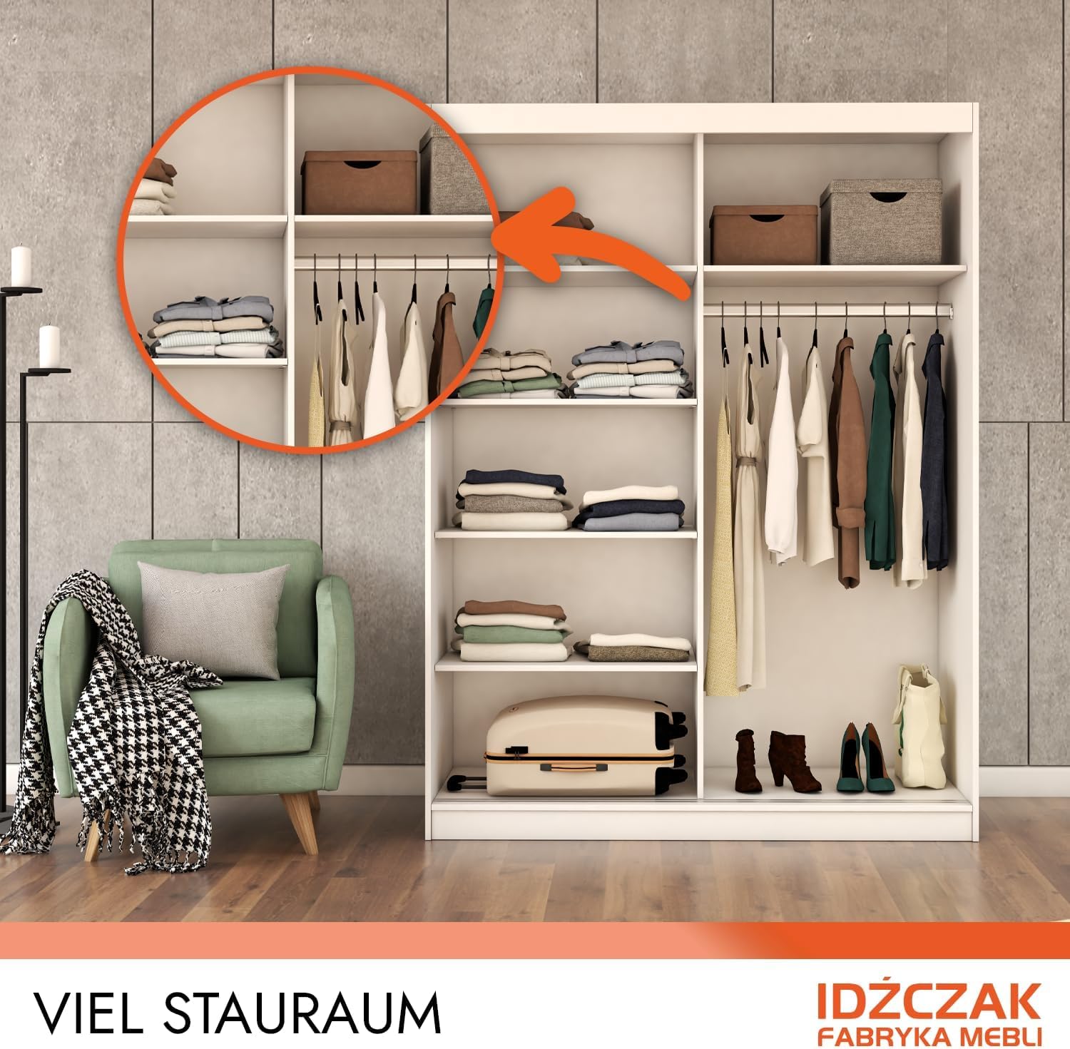 Fabryka Mebli Idźczak Kleiderschrank mit Spiegelfront & Schiebetüren Weiß Grau - platzsparend & geräumige Fachaufteilung mit Kleiderstange - moderner Stauraum für Schlafzimmer Ankleidezimmer