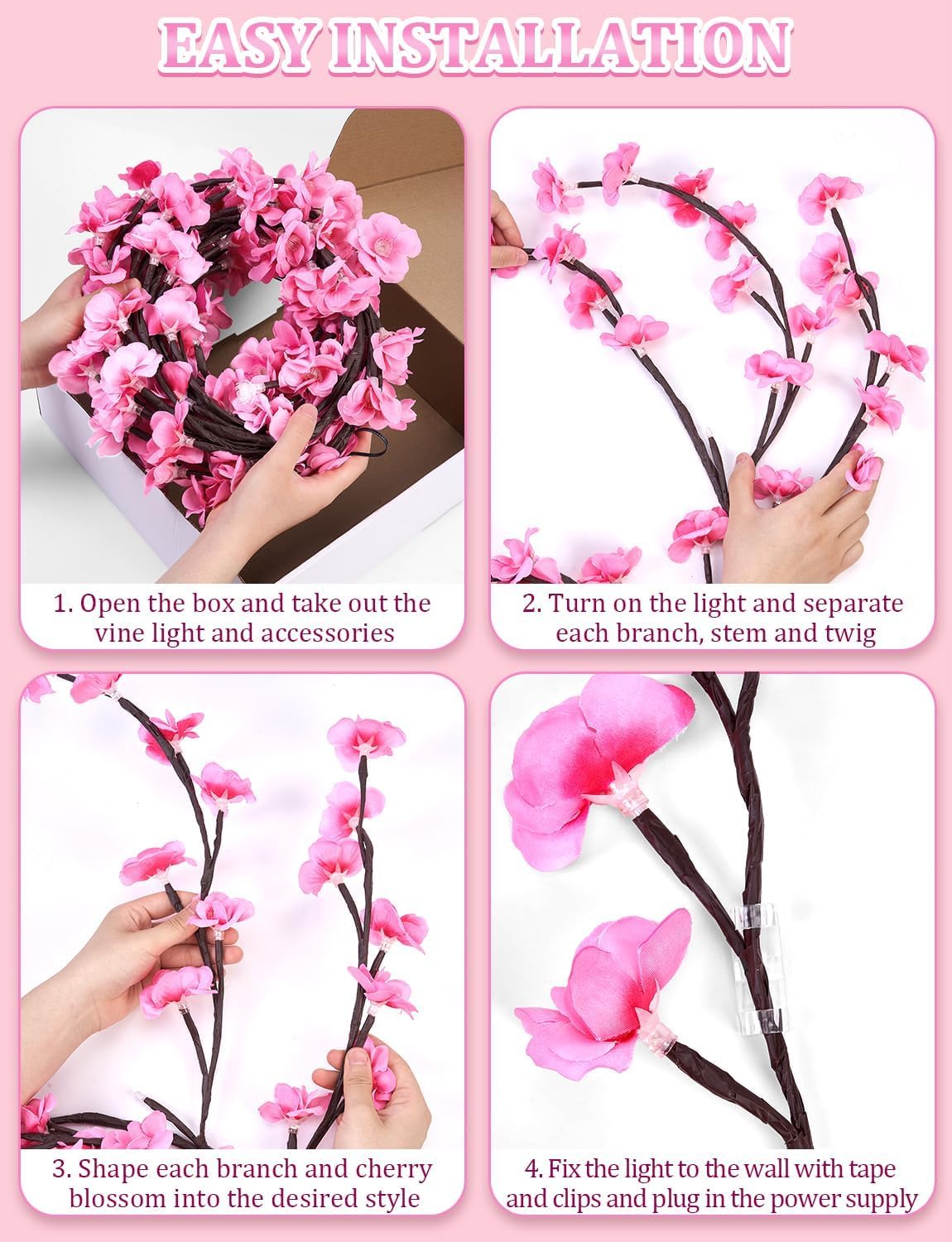 Starnearby Cherry Blossom Lights LED Wand Deko Kirschblüten Lichterkette 1.2M 48 LEDs mit Fernbedienung 8 Modi Timer Lichterkette für Wanddeko Schlafzimmer Wedding Raum Deko