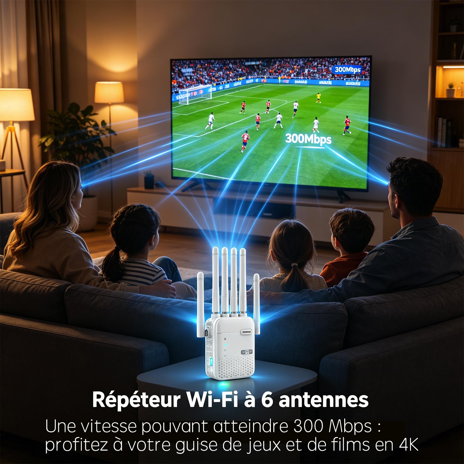 Répéteur WiFi, amplificateur de Signal WiFi, 6 antennes, 2 Ports LAN, Prend en Charge Les Modes routeur/Point d'accès, Compatible avec Tous Les routeurs, adapté à la Maison et au Bureau﻿-ZB