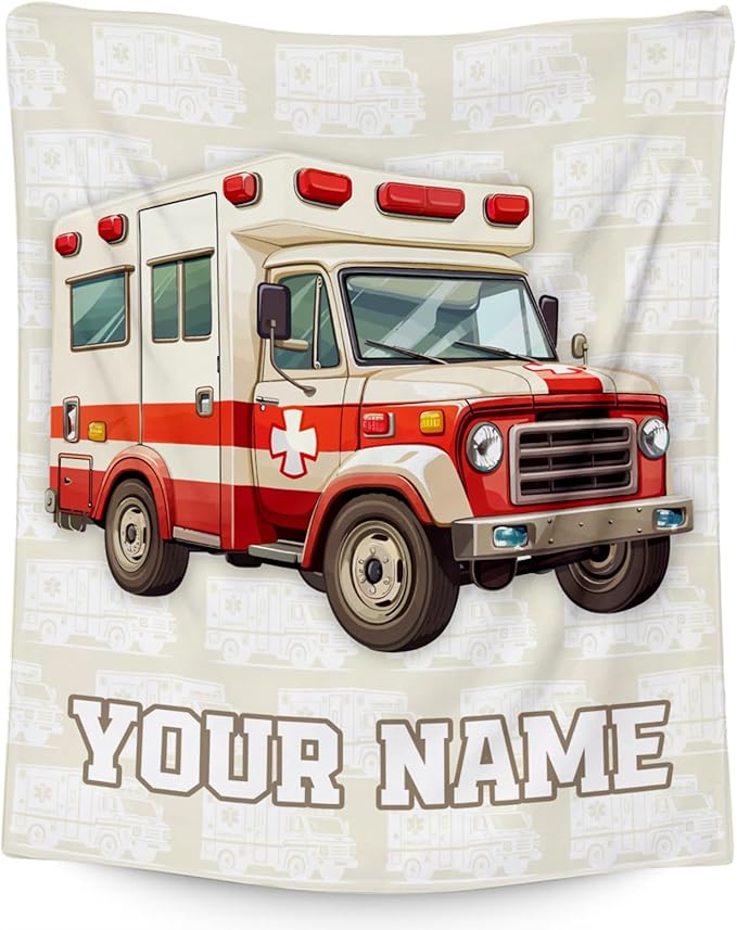Personalized Ambulance Blanket, Cozy Soft Throw Gifts for Kids, Cute White Flannel Throw Blankets for Bed Travel, 50x60 Inches