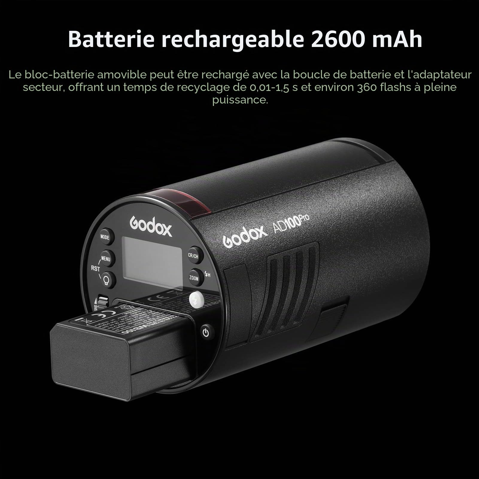 GODOX AD100Pro Lampe Flash de Studio de Poche pour Portrait Ecran OLED 5800K 1/8000s Sync TTL/Multi/M Flash intégré 2.4G Wireless X System 5 Groupes 32 canaux avec Batterie Rechargeable 2600mAh