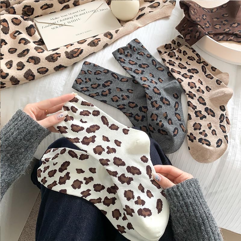 Thermal Crew Socks for Women, Leopard Print Cotton Cozy Quarter Socks Warm Neutral Ankle Socks for Women,. 5 Pairs - Image 4