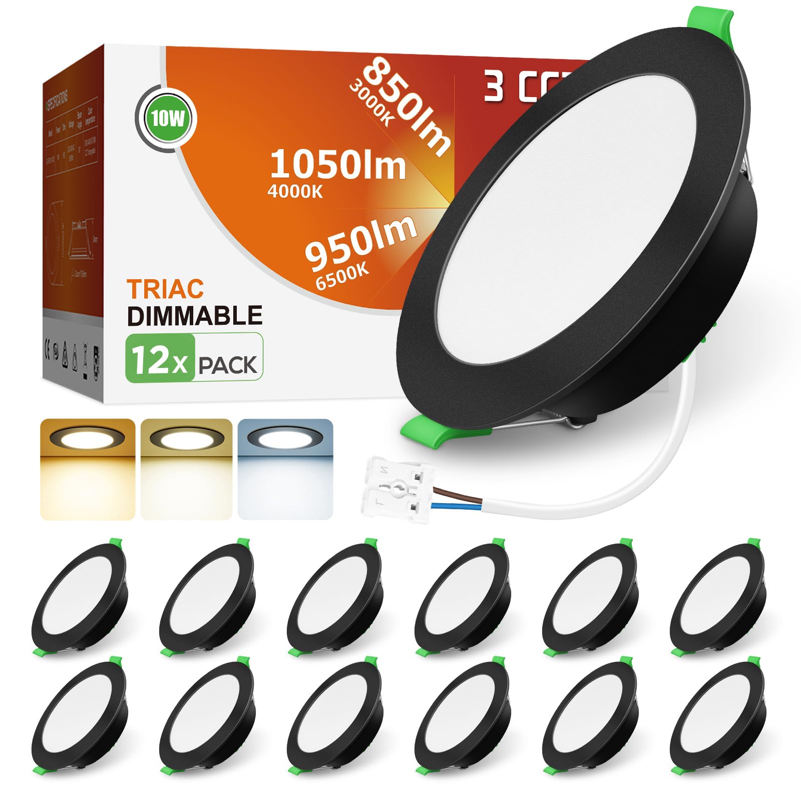 ALUSSO Spot LED Encastrable Extra Plat, 10W 1050LM Dimmable IP44 Spot Etanche Salle de Bain, 3CCT Blanc Chaud 3000K Blanc Neutre 4000K Blanc Froid 6500K, Trou Φ90-100MM, AC220-240V, Noir, Lot de 12