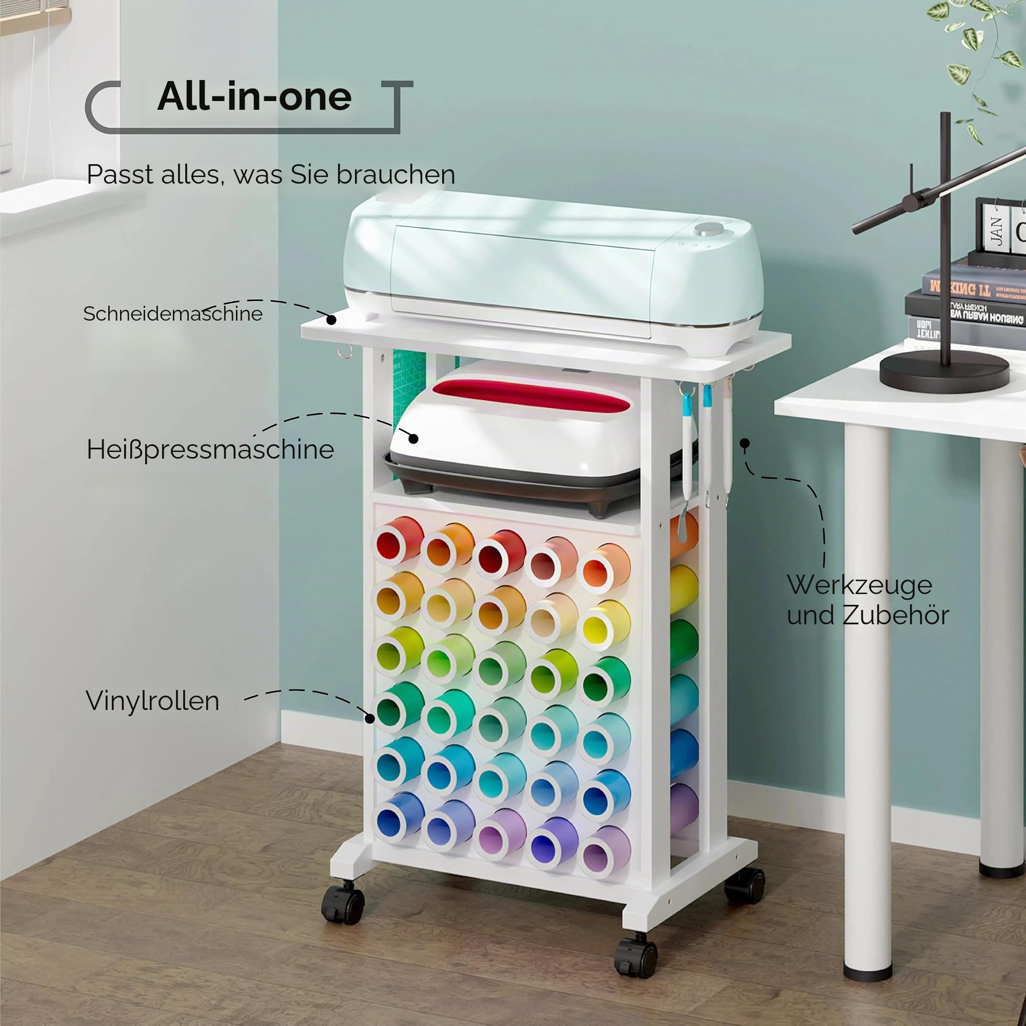 Crafit Bastelwagen Kompatibel mit Cricut Maschinen, Rollbarer Aufbewahrungswagen mit 30 Vinylrollen Halterungen, Organizer und Aufbewahrung für das Bastelzimmer - Kompakt und Abnehmbar Weiß