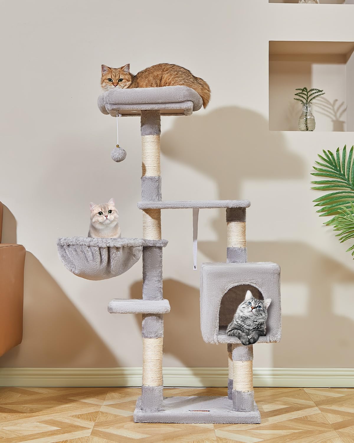 Taoqimiao Cat Tree, 44.5-Inch Cat Tower for Indoor Cats, Multi-Level Cat Condo with 7 Scratching Posts, Perch, Cave, Light Gray MS014W