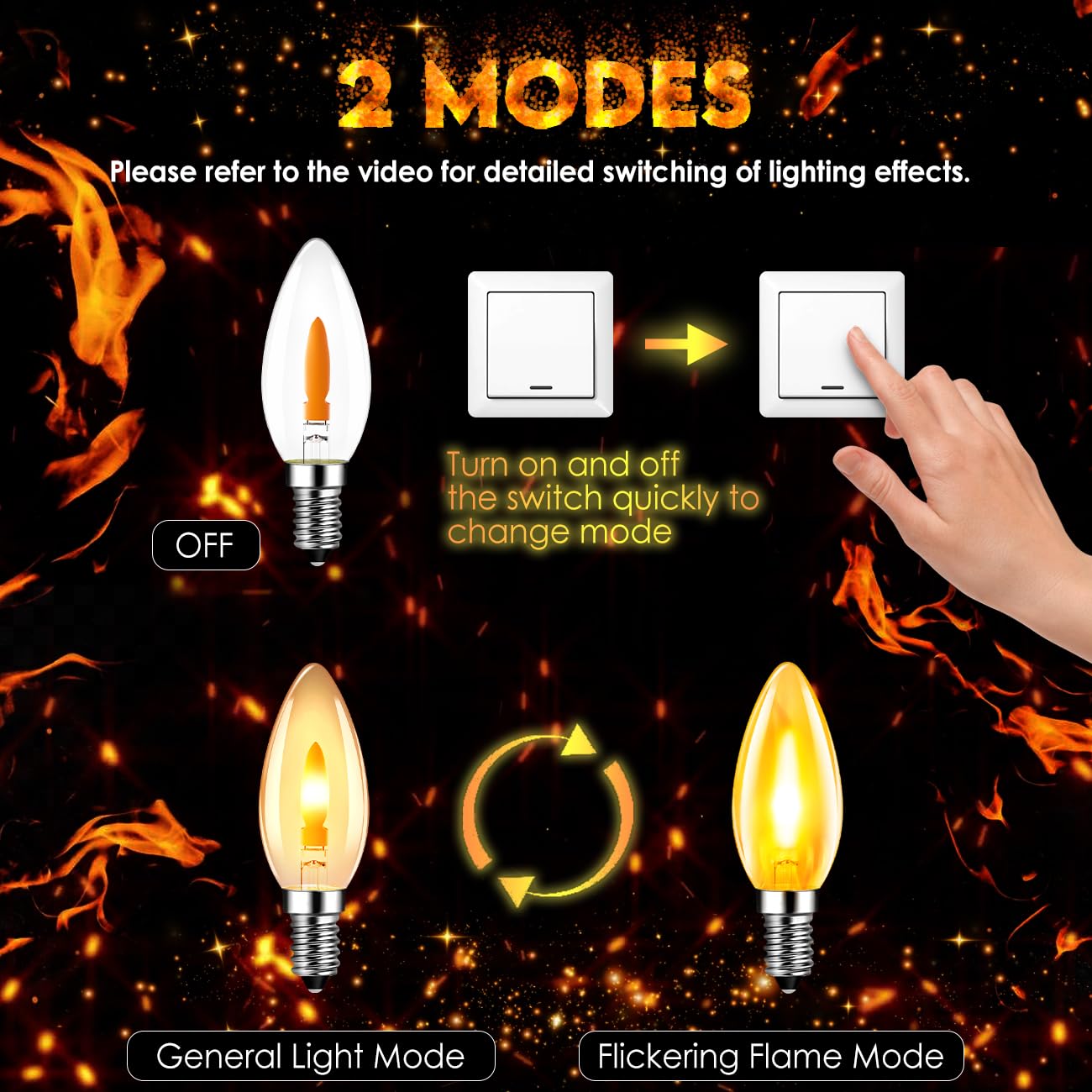 LVWIT E14 Flame Bulb,Fire Flickering Chandelier Candle Light Bulbs,1800K Warm Light E14 Flickering Flame Bulb,Orange Light Bulb for Party Patio Porch Indoor Decorations,Non-Dimmable(6 PCS,2 Modes) - Image 3