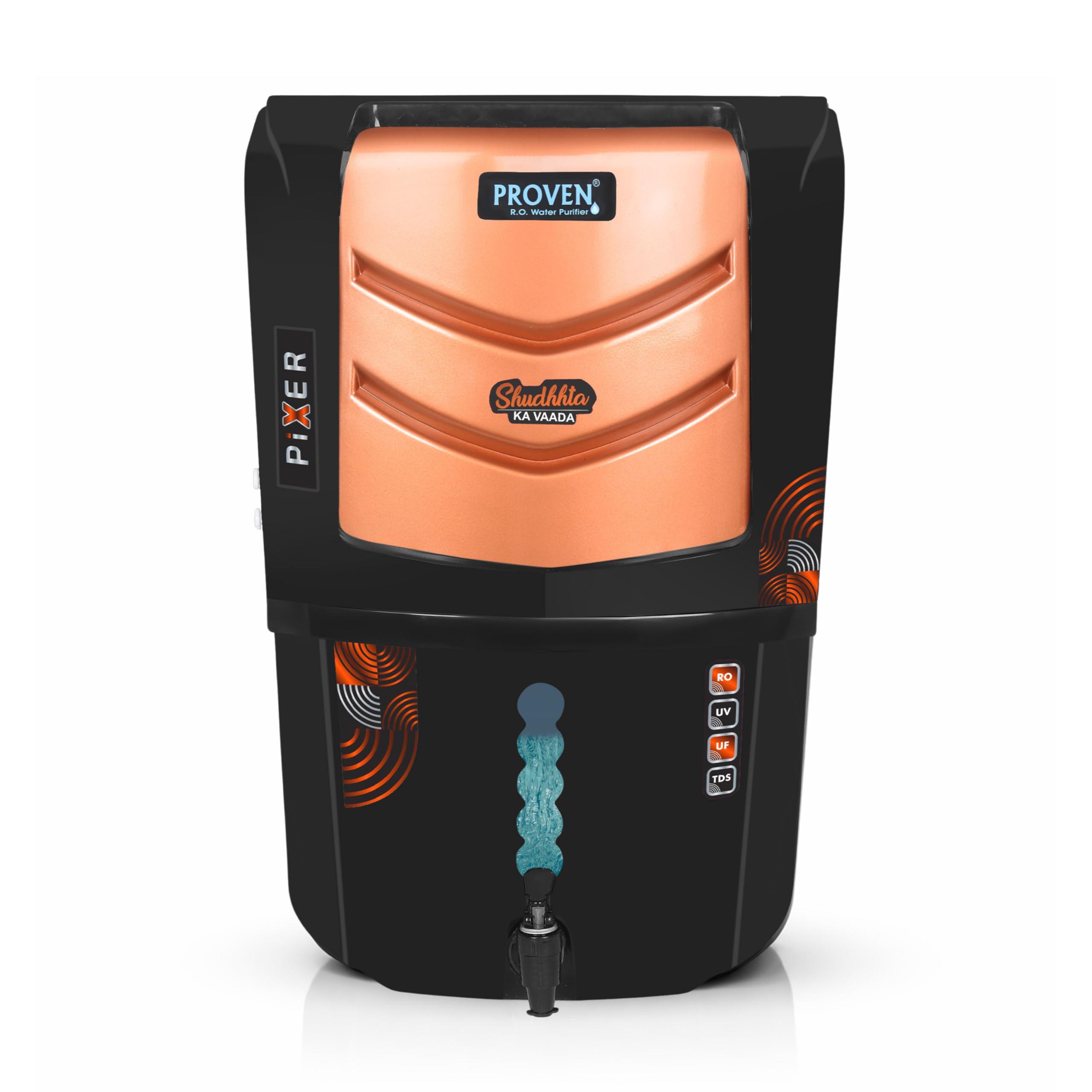 Proven Pixer Water Purifier – RO + UV + UF with Copper Zinc Alkaline Technology, TDS Adjuster, 12L Storage Tank, Sleek Black, Made in India, ISI | 12 Stage Purification | 1 Year Warranty
