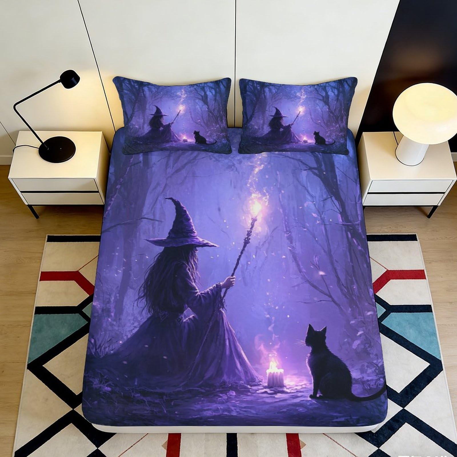 3D Printed Witch and Cat Fitted Sheet Microfiber Soft Breathable Magic Forest Bed Cover for Bedroom Dormitory Guest Room Mattress Protection 120x200x25cm