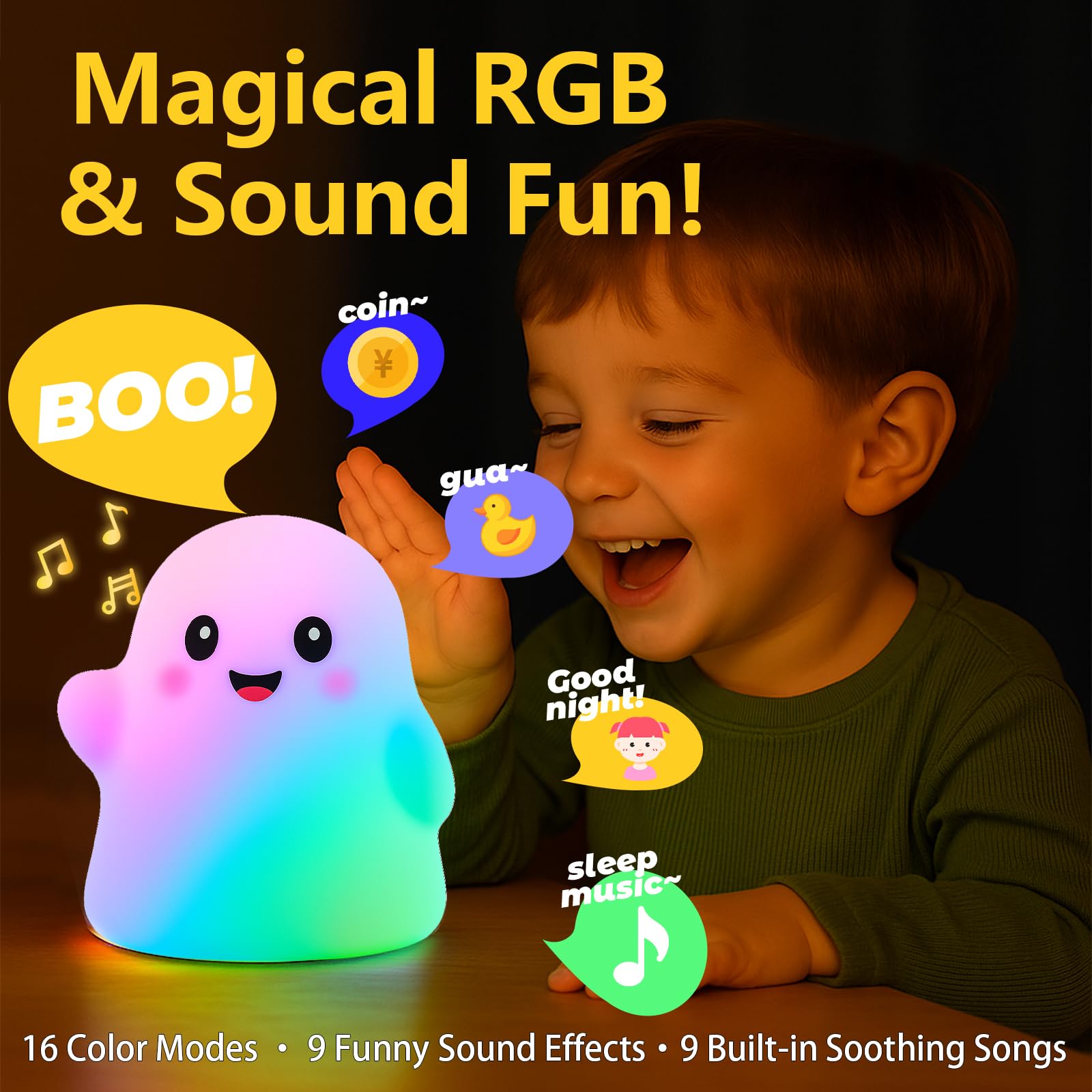 RGB-Geister-Nachtlicht – Farbwechsel-Tap-Steuerung, lustiges Spielzeug für Kinder, weiche Squishy-Silikonlampe mit Geräuschen, dimmbare wiederaufladbare Nachttisch- und Tischlampe, lustiges