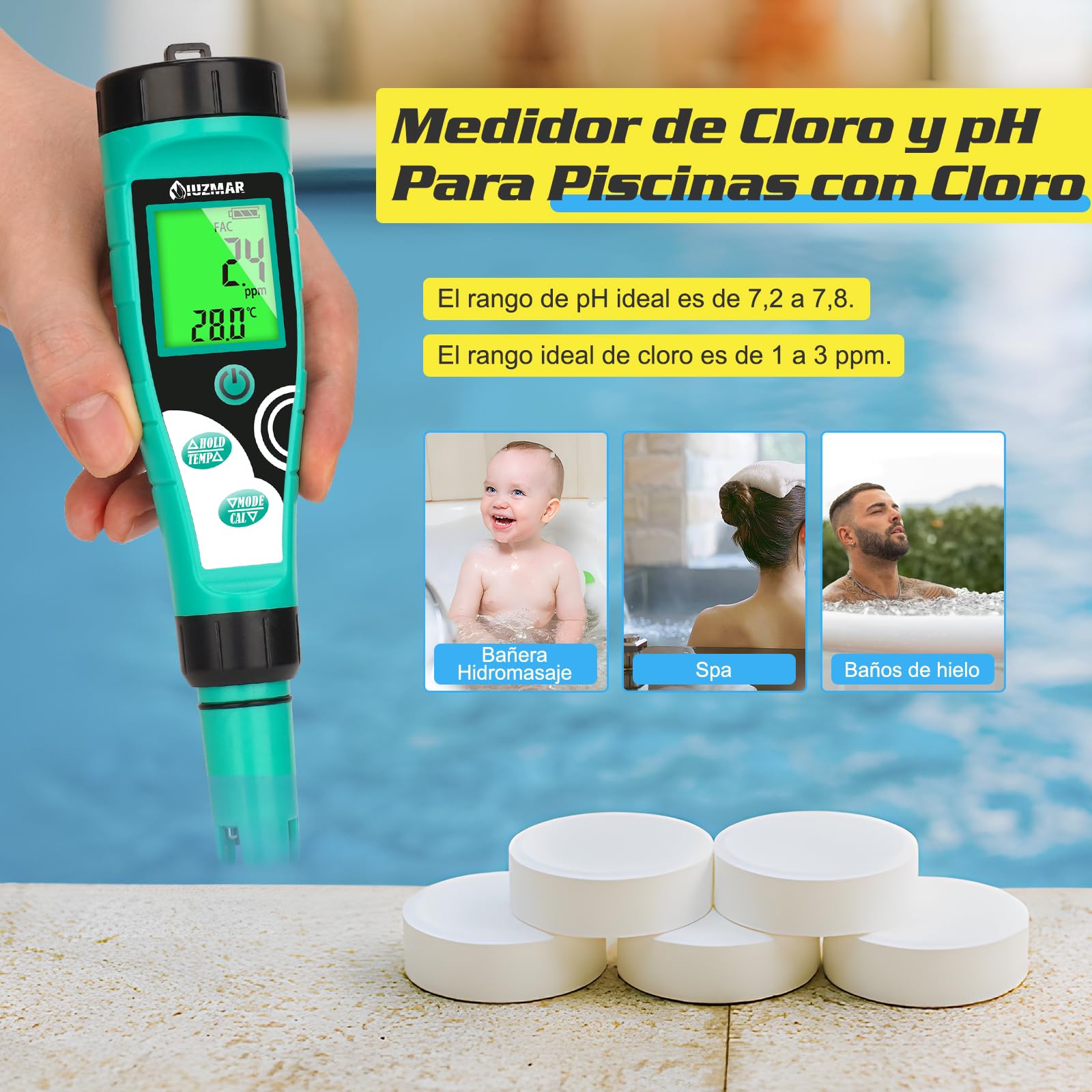 UIUZMAR Medidor de pH y Cloro para Piscinas, Digital Medidor de pH y Salinidad para Piscinas de Agua Salada, 7 en 1 FAC/pH/Sal/ORP/TDS/EC/Temp comprobador con Solución de Calibración para Spas