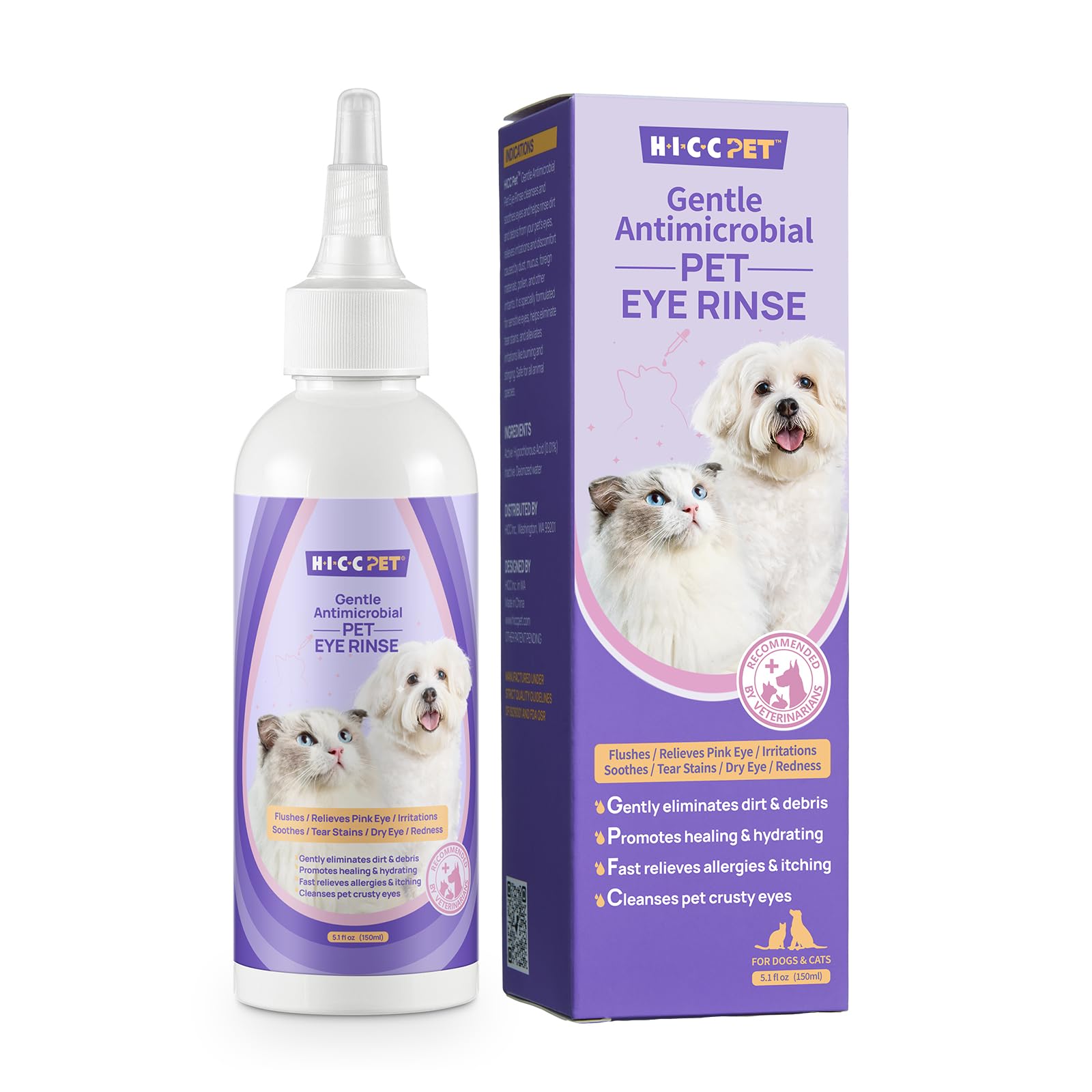 HICC PET Augenreiniger für Hunde & Katzen, 150ml | Sanfte Augenspülung zur Entfernung von Ablagerungen, Schmutz & Pollen, Tägliche Augenpflege für Haustiere