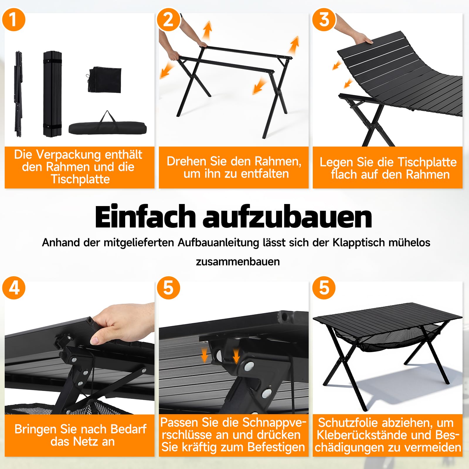 HAUSPROFI Campingtisch Klappbar 120x70x70cm Groß für 4-6 Personen, Klapptisch Aluminium 100 kg Belastbar, Falttisch mit Tragetasche, Outdoortisch Tragbar für Camping Picknick Garten Balkon, Schwarz