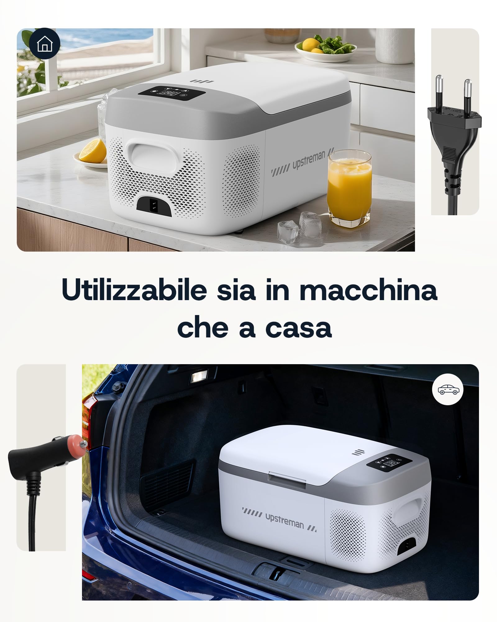 Upstreman Frigorifero Portatile Elettrico Compatto 15Lmprefrigerazione/congelamento - Compressore Potente, Silenzioso 39dB e Adattatori 12V/240V Inclusi per Auto e Casa, Bianco-AR18