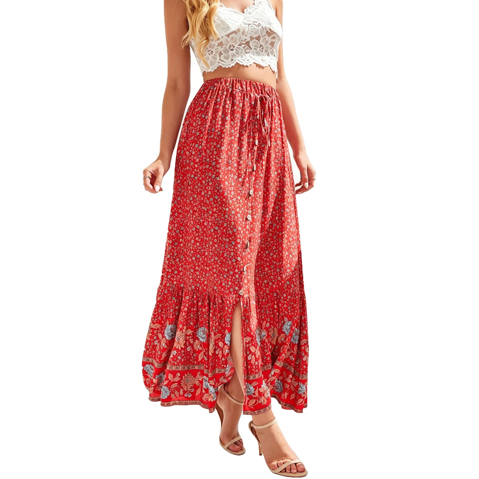DUddTTW Printed Women's Maxi Skirts A-line Ankle Length Swing Skirt Clothing(Rot,Lagre)