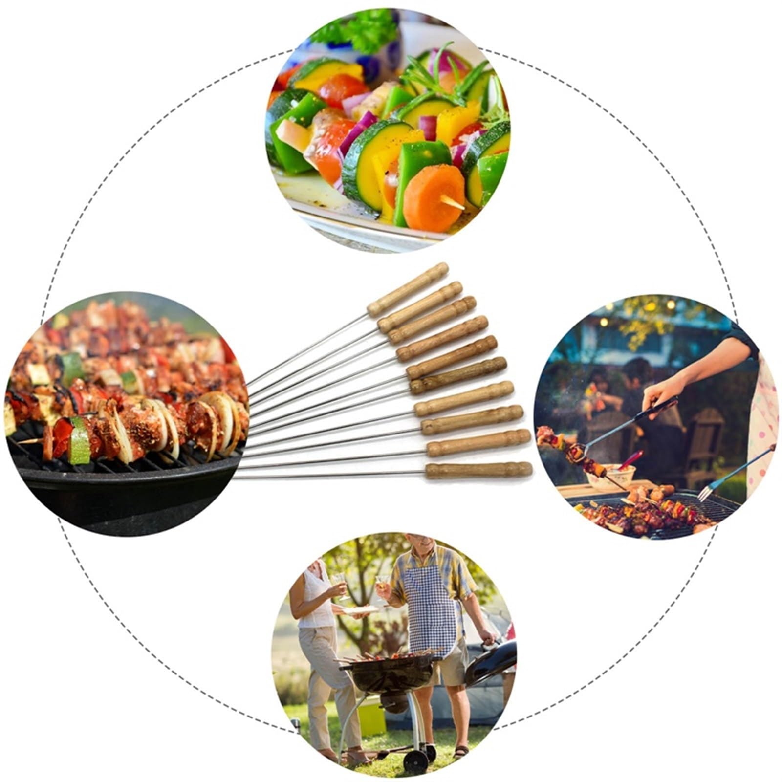 SePkus Schaschlikspieße, 10 Stück, kompatibel mit Grill, wiederverwendbarer Grill, Edelstahlspieße mit Holzgriff, Schaschlik, Grill, Camping-Gadgets, Küchenutensilien