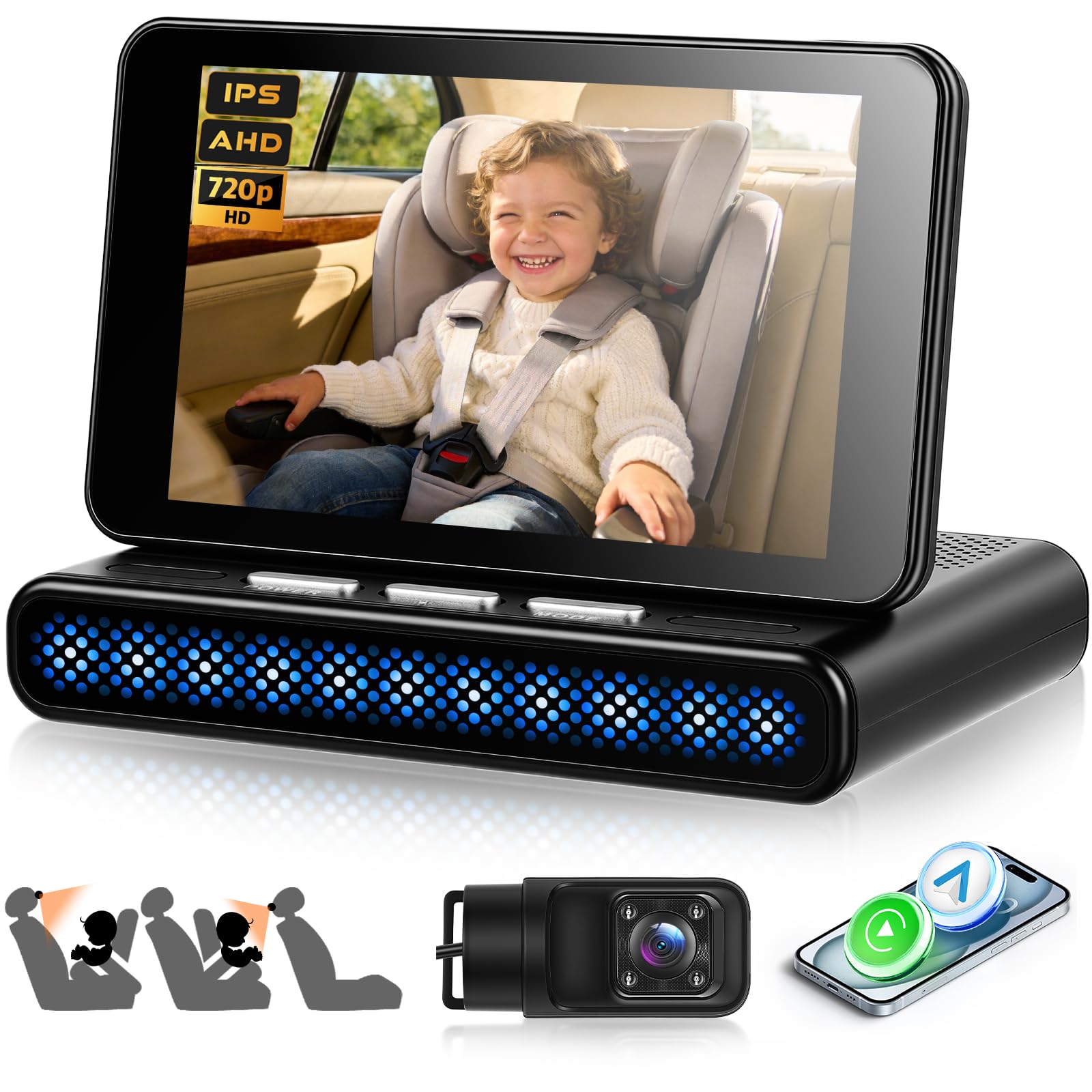 VECHTEL Cámara para Coche de bebé con Pantalla IPS de 3,97", HD 720P, Compatible con CarPlay y Android Auto, Espejo retrovisor Giratorio de 360° con visión Nocturna y Soporte de Ventosa.