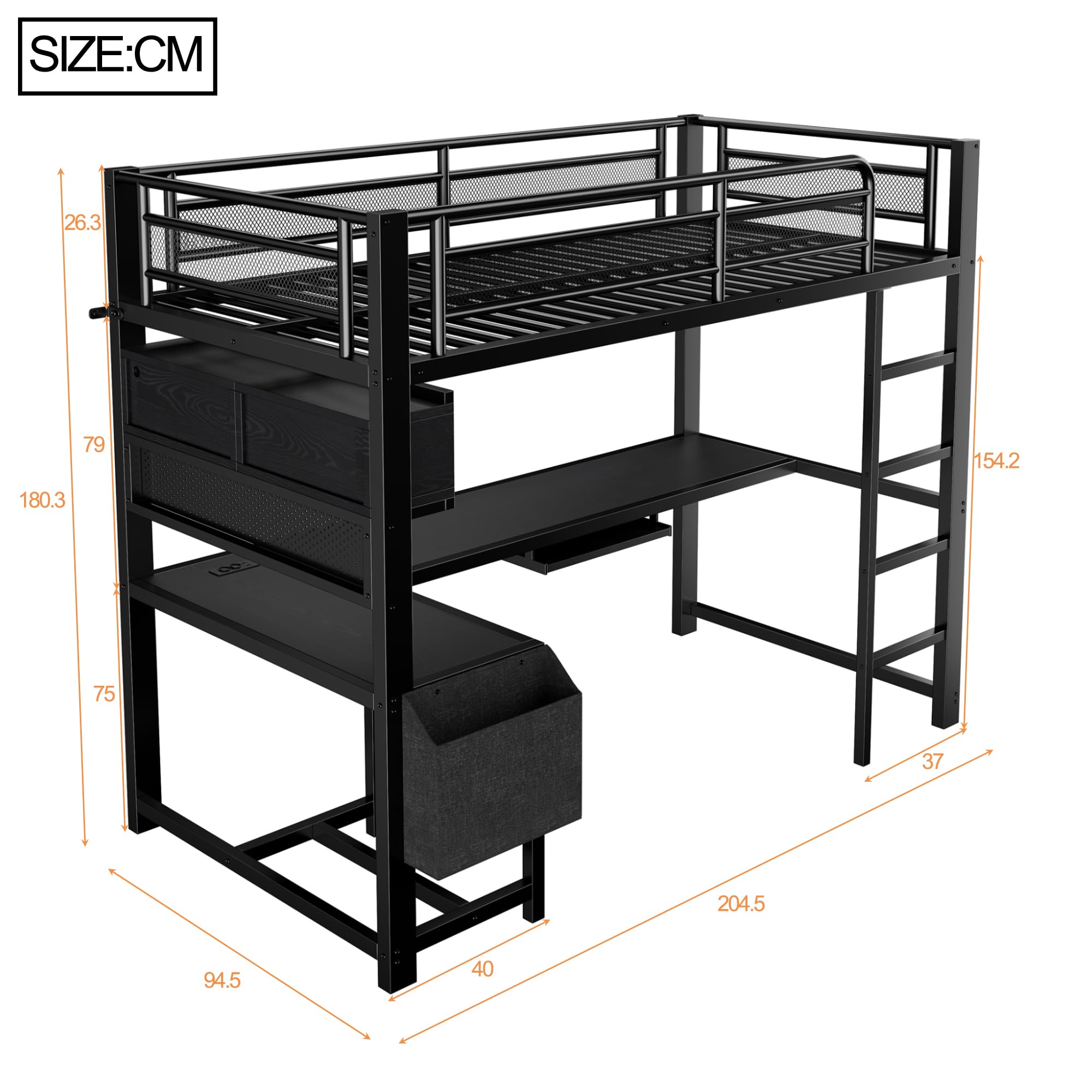 Letto a soppalco da gaming, 90 x 200 cm, bianco, con LED, scomparti portaoggetti e stazione di ricarica, nero