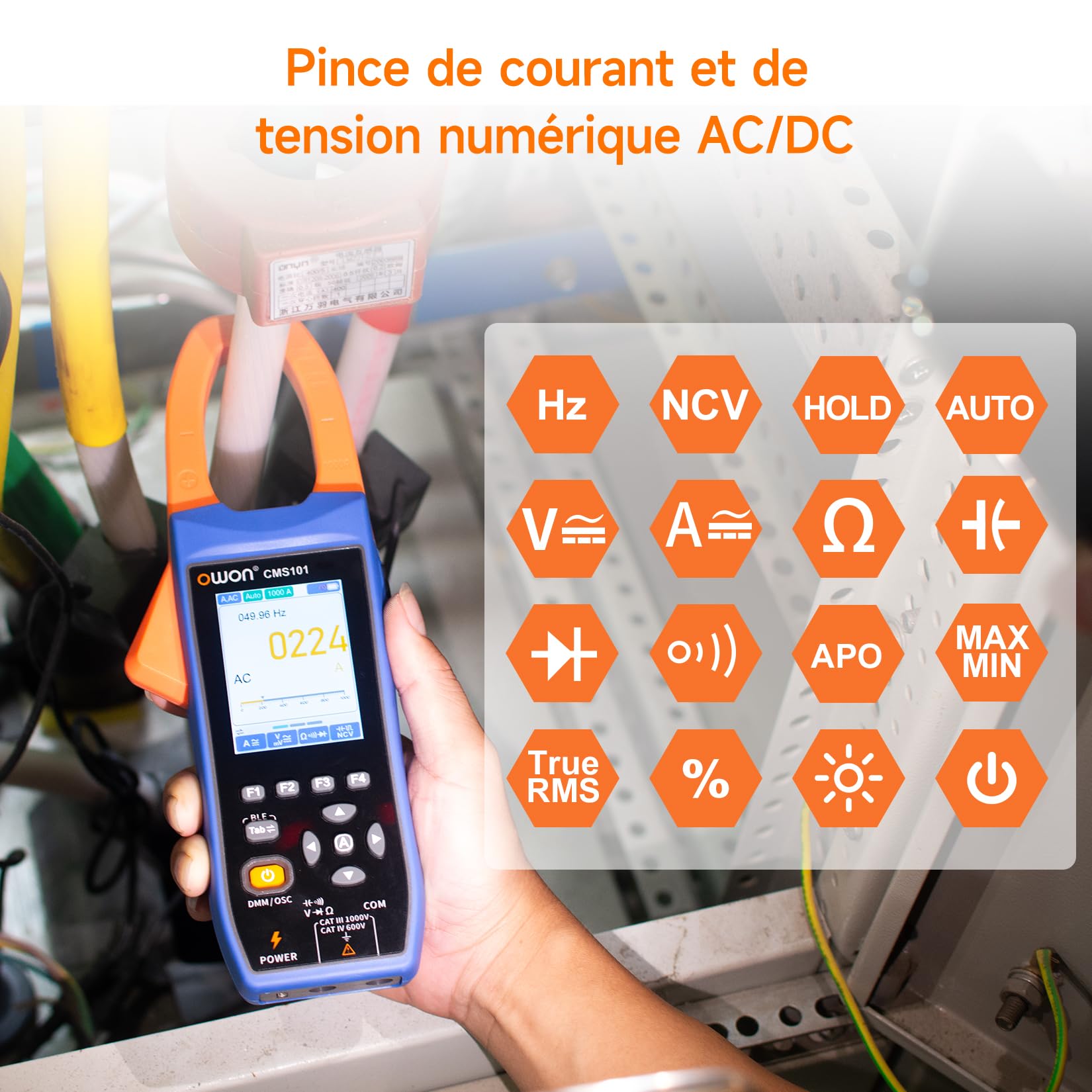 Pince ampèremétrique numérique OWON avec écran LCD IPS de 2,8 pouces, fonction oscilloscope AC/DC 3 en 1, ampèremètre à plage automatique True RMS 20 000 points, ampèremètre et oscilloscope Bluetooth