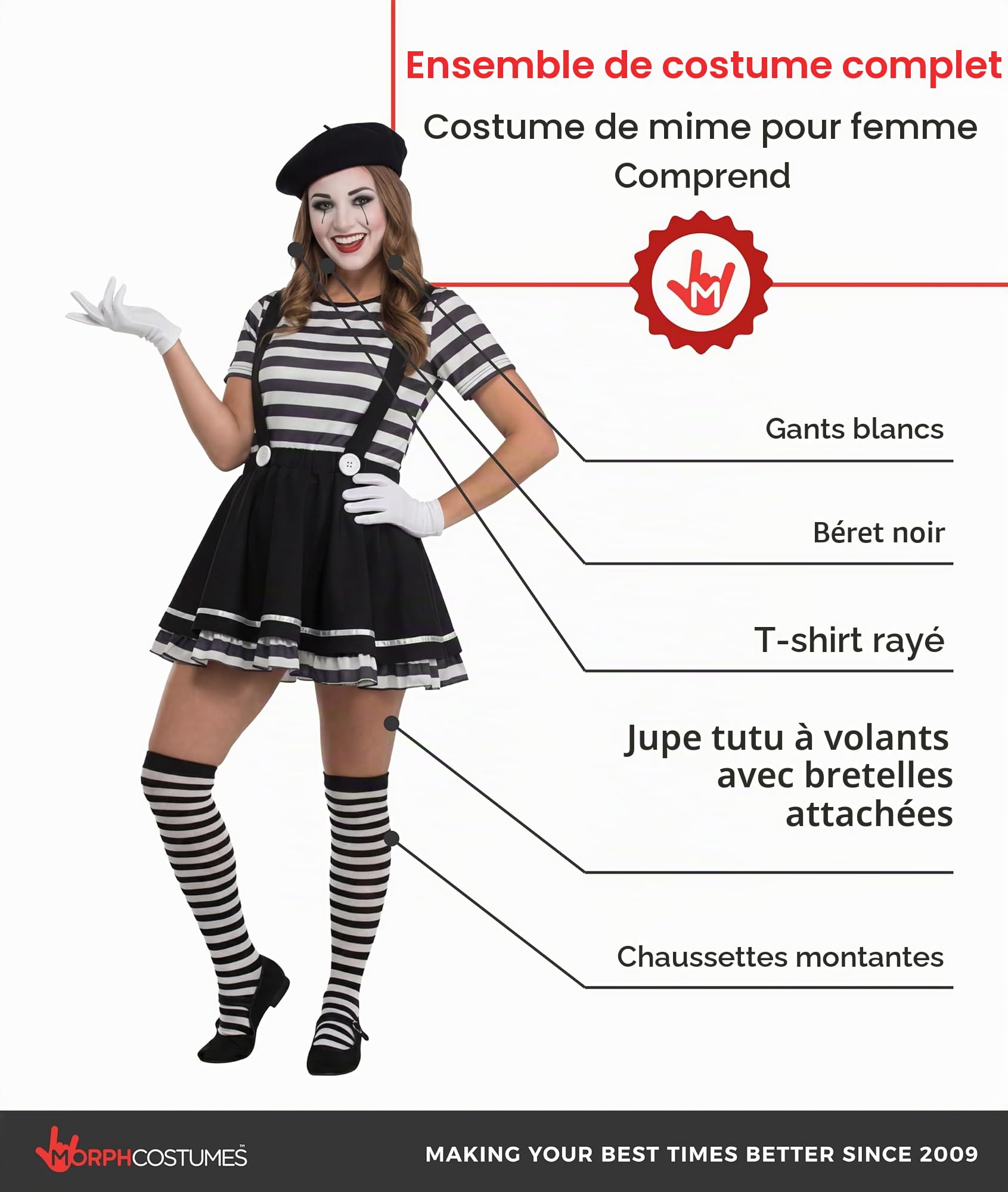 Fun Shack Deguisement Mime Femme, Costume Mime Halloween Femme, M | T-Shirt, Jupe à Bretelles, Chaussettes, Chapeau & Gants, Style Mime Français, Parfait pour Halloween, Idéal pour se Déguiser