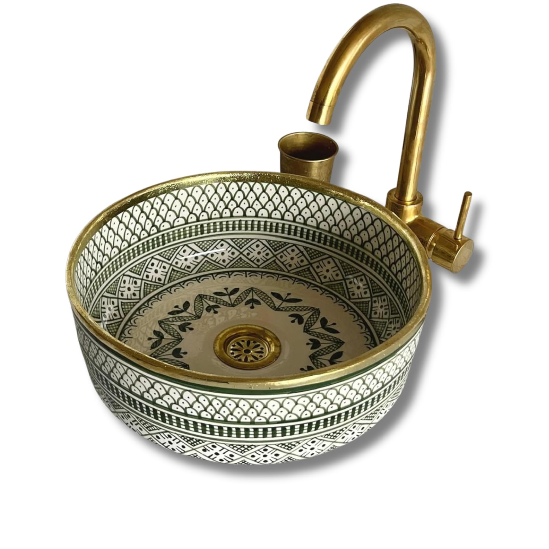MIRATILE Handmade Ceramic Basin Sink, Handwash Countertop Vanity Basin, Farmhouse Bathroom Basin, Sink Bowl with Brass Rim Edge, Hand Painted Wash Basin Sink (10"= 25cm, Green)