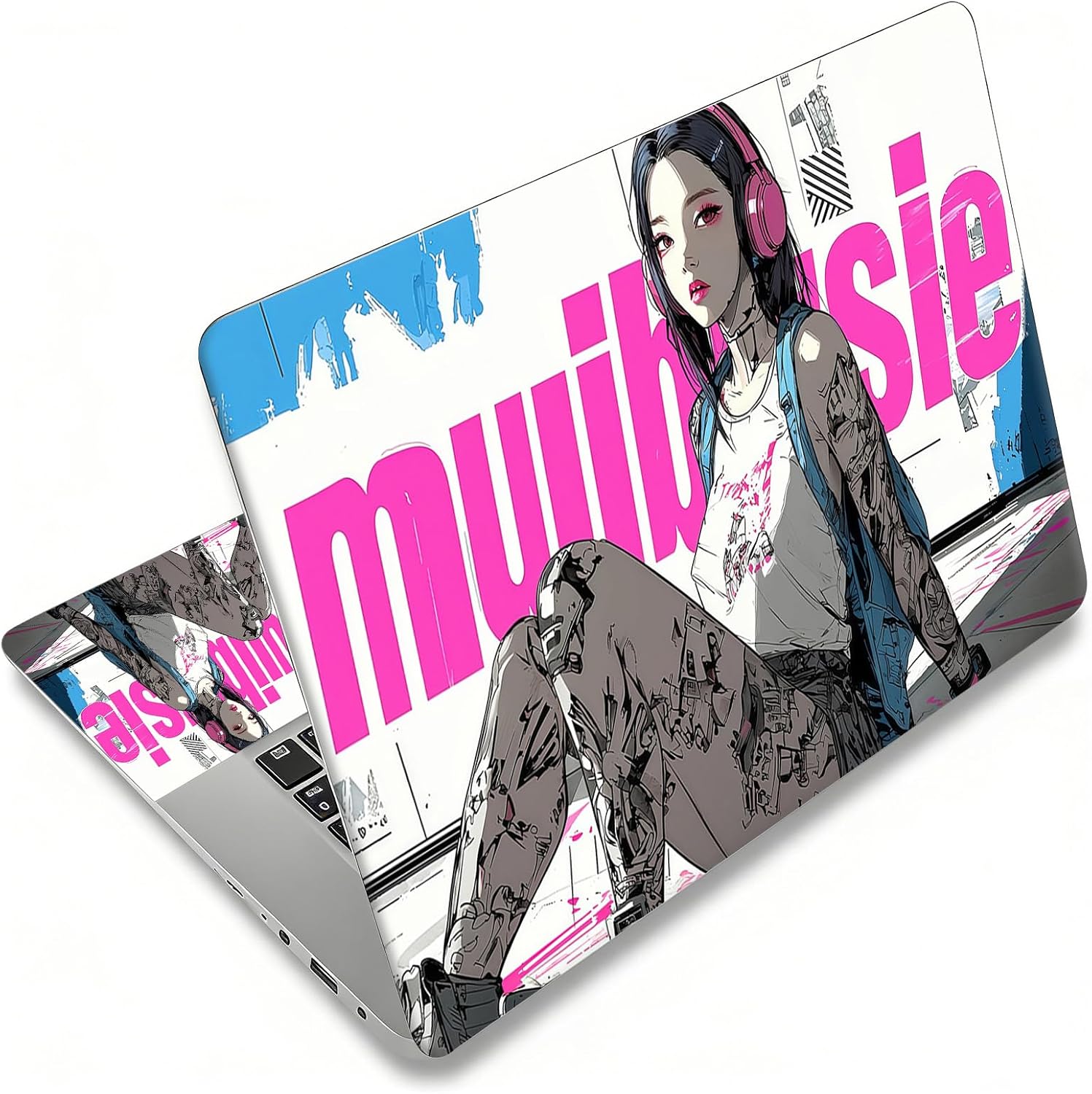 Laptop Skin Sticker for 12.1”-15.6“ Laptops (Fits 13”, 13.3”, 14”, 15”, 15.4”) | Protective Universal Reusable Vinyl Art Decal Cover | Waterproof & Scratch-Resistant-Anime Earphone Girl