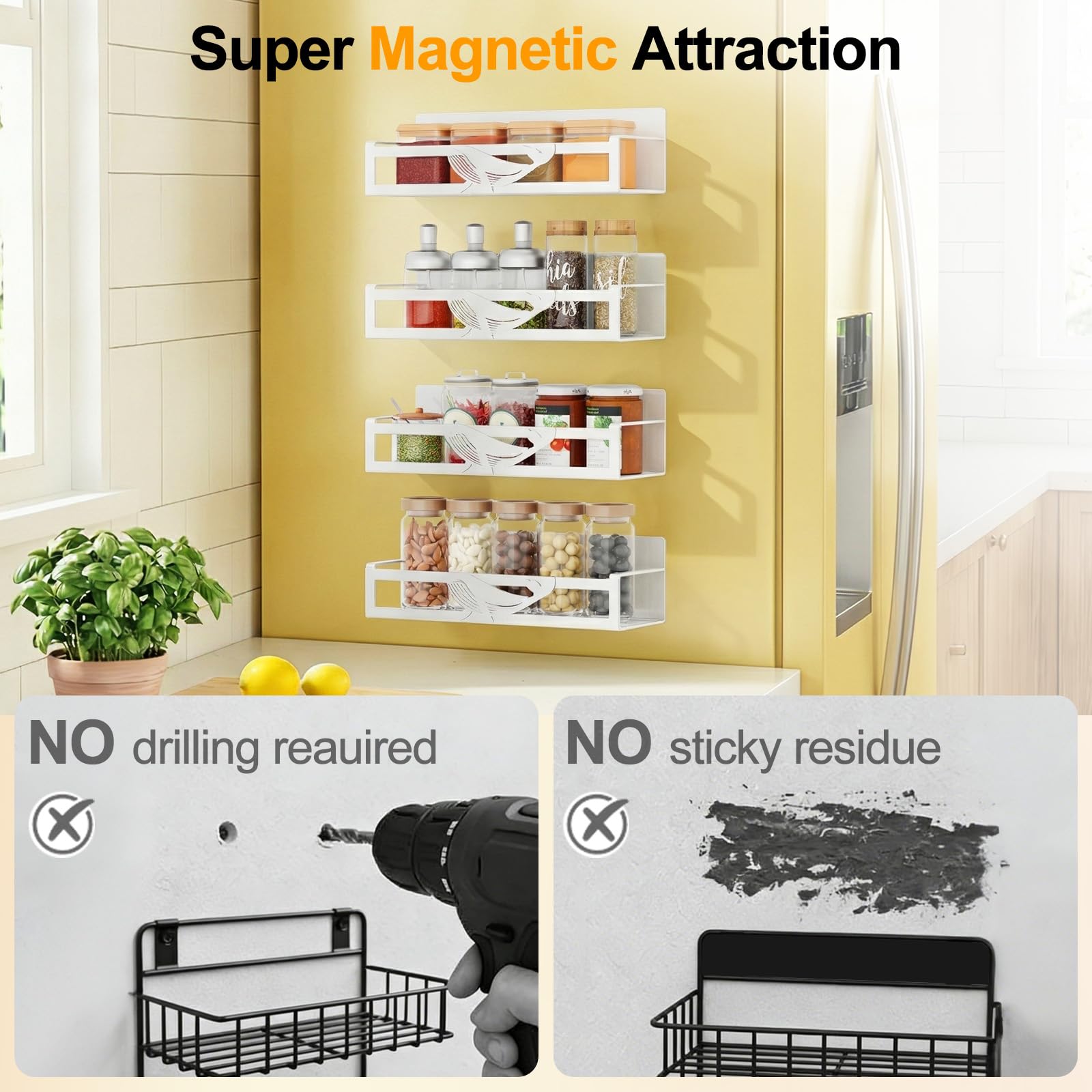 Magnetisches Gewürzregal für Kühlschrank, 4 Stück, Metall-Gewürz-Organizer für Küche, Aufbewahrung, Organisation, platzsparendes magnetisches Regal für Kühlschrank, Speisekammer, Waschküche