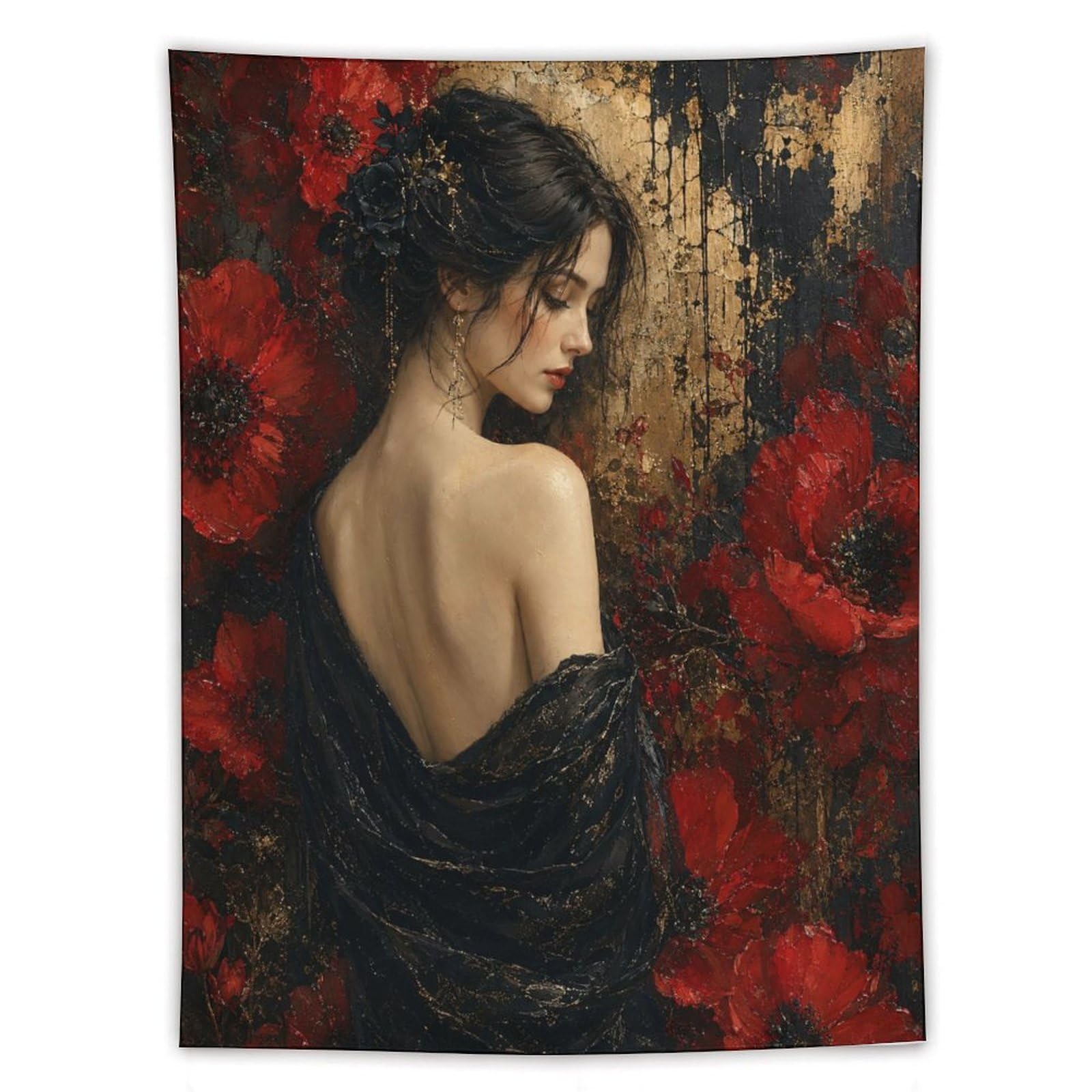 H3B8U2Y5 Red Poppy Woman Portrait Wall Tapestry, Impressionist