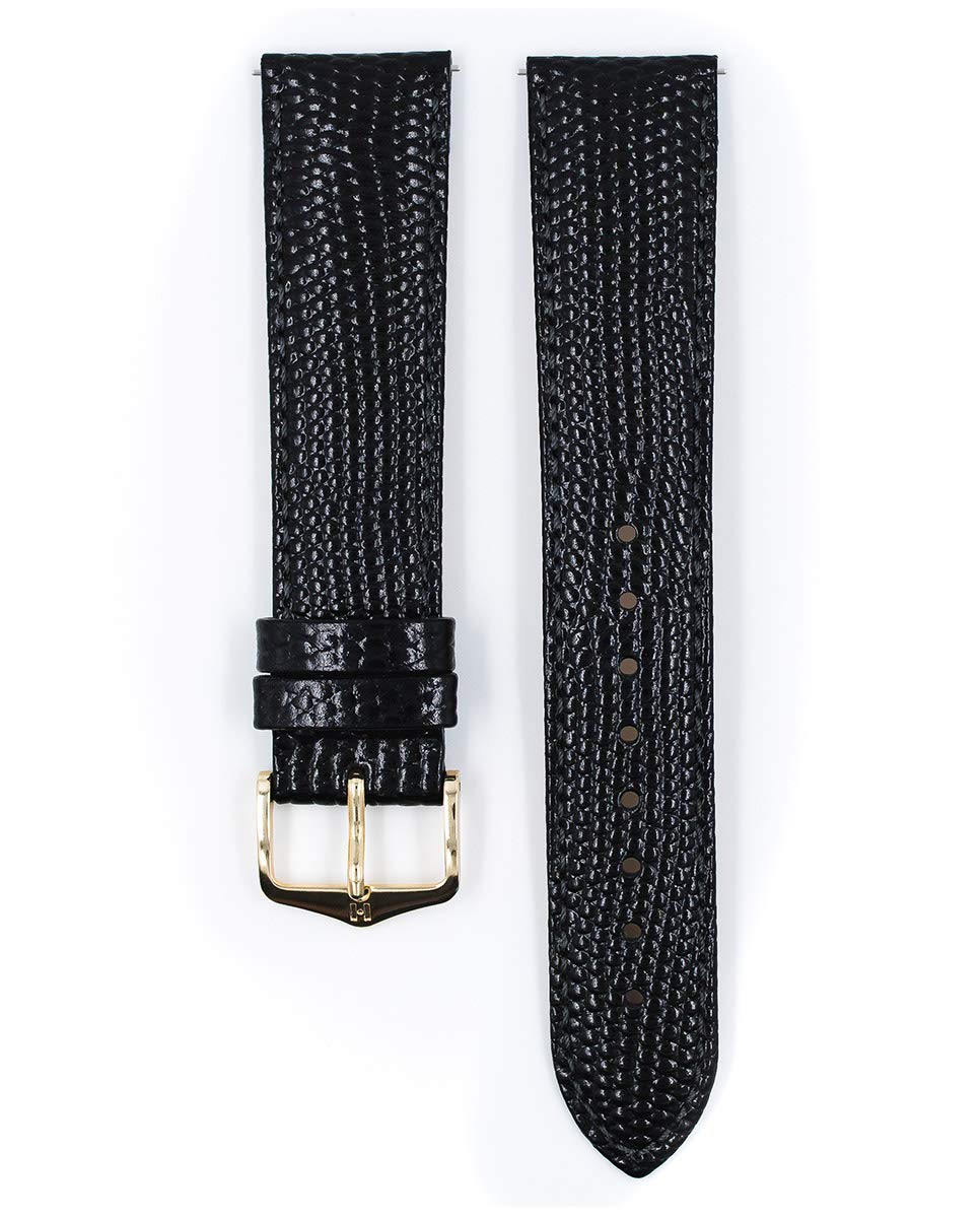 Hirsch Rainbow Leather Watch Strap - Black - M - 16mm / 14mm - Shiny Gold Buckle - Bonded Leather Band